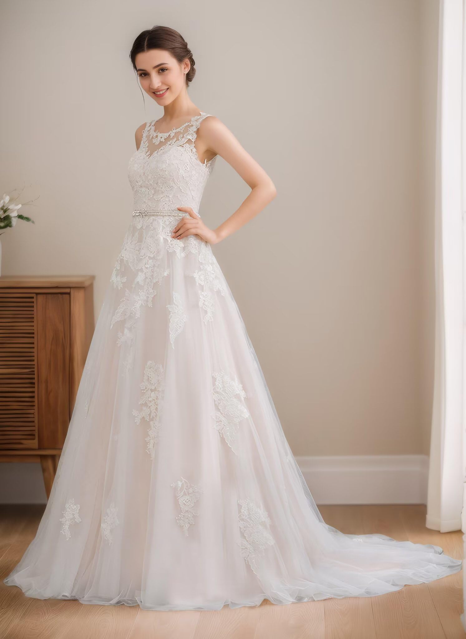 A-Line Bridal Gowns for Women Long Formal Wedding Dresses Lace Appliques Sleeveless Bridal Dresses for Bride 2026 Ivory 6 N1