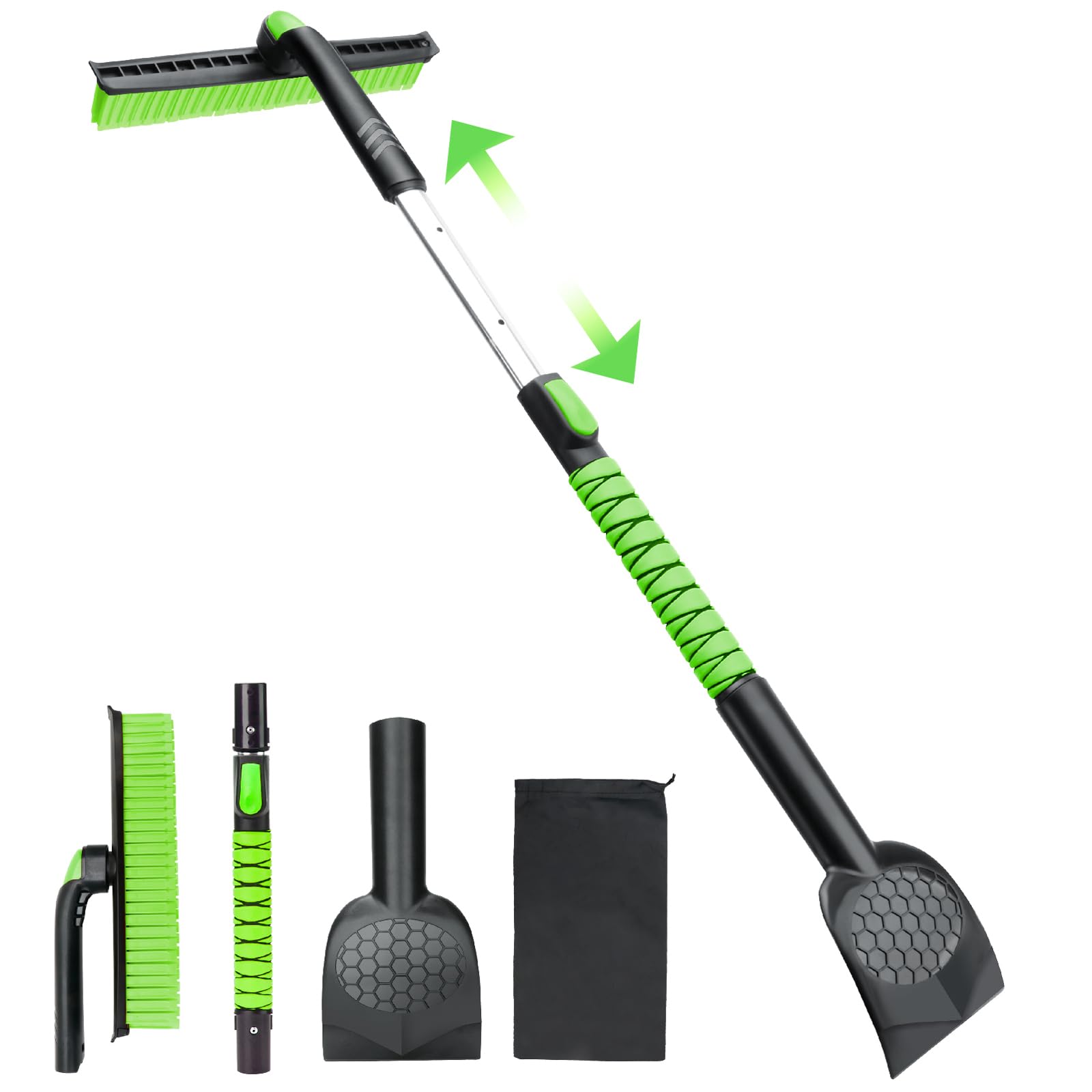 45.6" Ice Scraper and Snow Brush for Car Windshield [Silicone Bristles] ,3-in-1 Extendable Emergency Snow Shovel with Ergonomic Foam Grip and 360° Pivoting Brush Head for Christmas, Car Auto Truck SUV