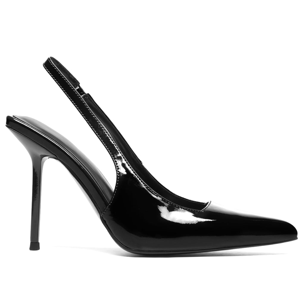 Women's Slingback Stiletto High Heels Pointed Toe Slip On Pumps Shoes Patent Leather Stretch Strap Backless Dress Heels Black