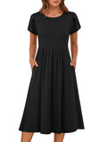 ANRABESS Women's Summer Short Sleeve A-Line Midi Dresses Casual Floral T-Shirt Dresses Flowy Beach Sundress with Pockets Black X-Large