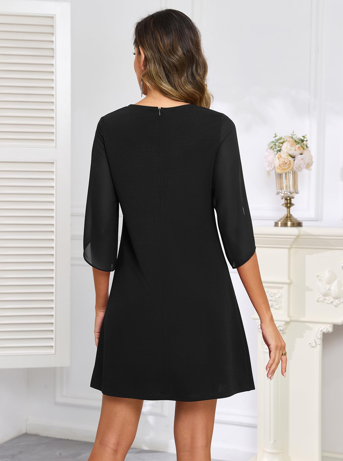 oten Casual Flutter Sleeve Dress for Women 2026 Crew Neck A-Line Lace Formal Wedding Guest Tea Party Dresses Black Medium