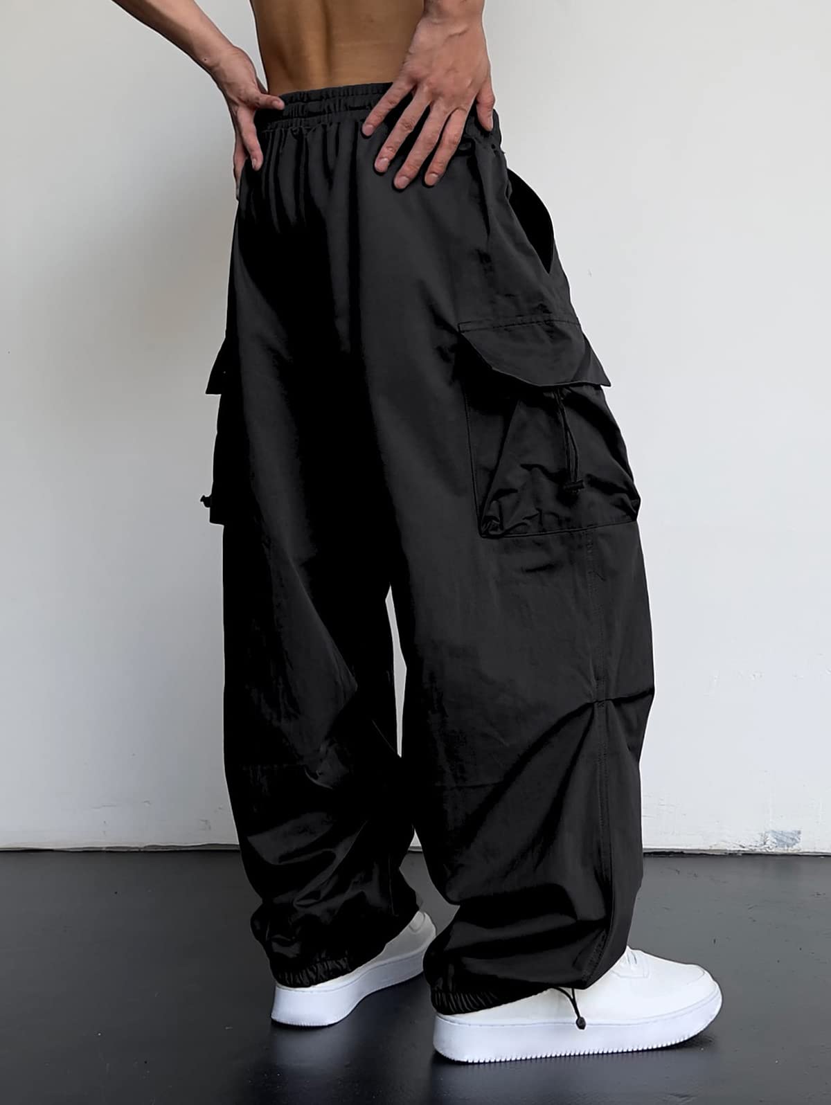 ZAFUL Flat Pocket Parachute Pants for Men Causal Baggy Cargo Pants Unisex Street Y2K Pants Drawstring Trousers Black M