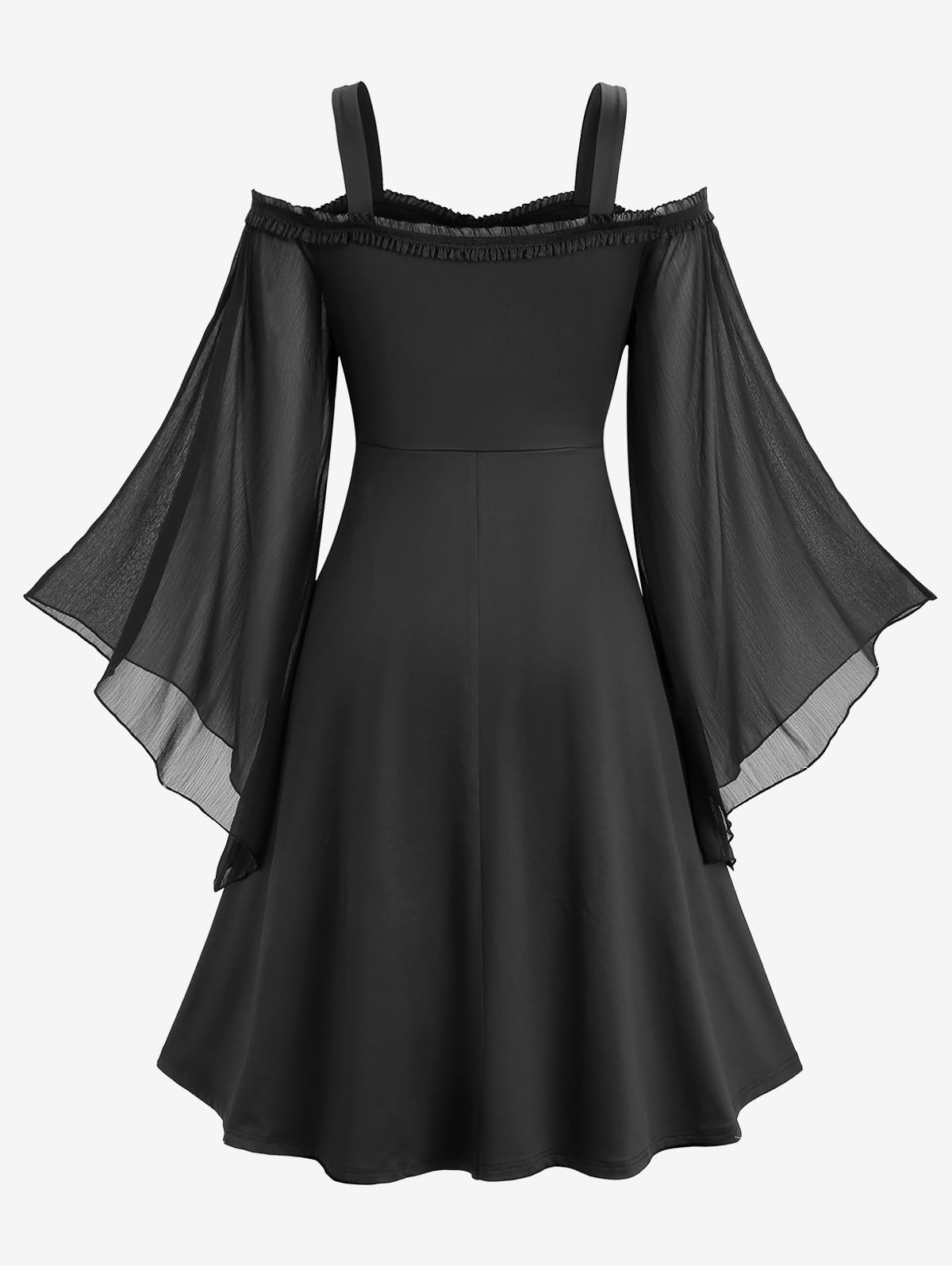 ROSE GAL Rosegal Plus Size Women Halloween Costume Medieval Gothic Dress Cold Shoulder Bell Sleeves Layered Chiffon Swing Witch Dress(Black/1X)