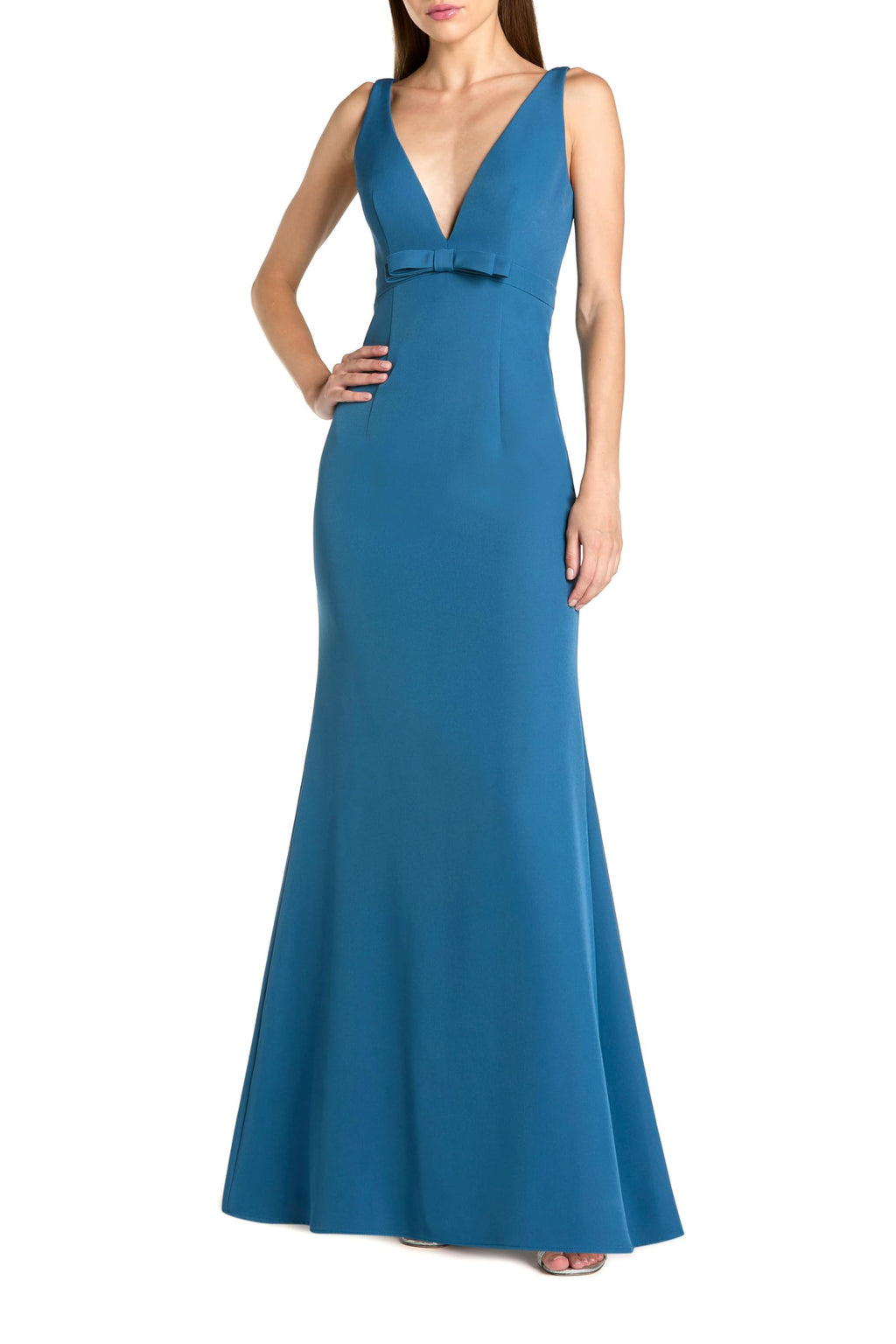 Crepe Sleeveless V Neck Mermaid Gown with Bow