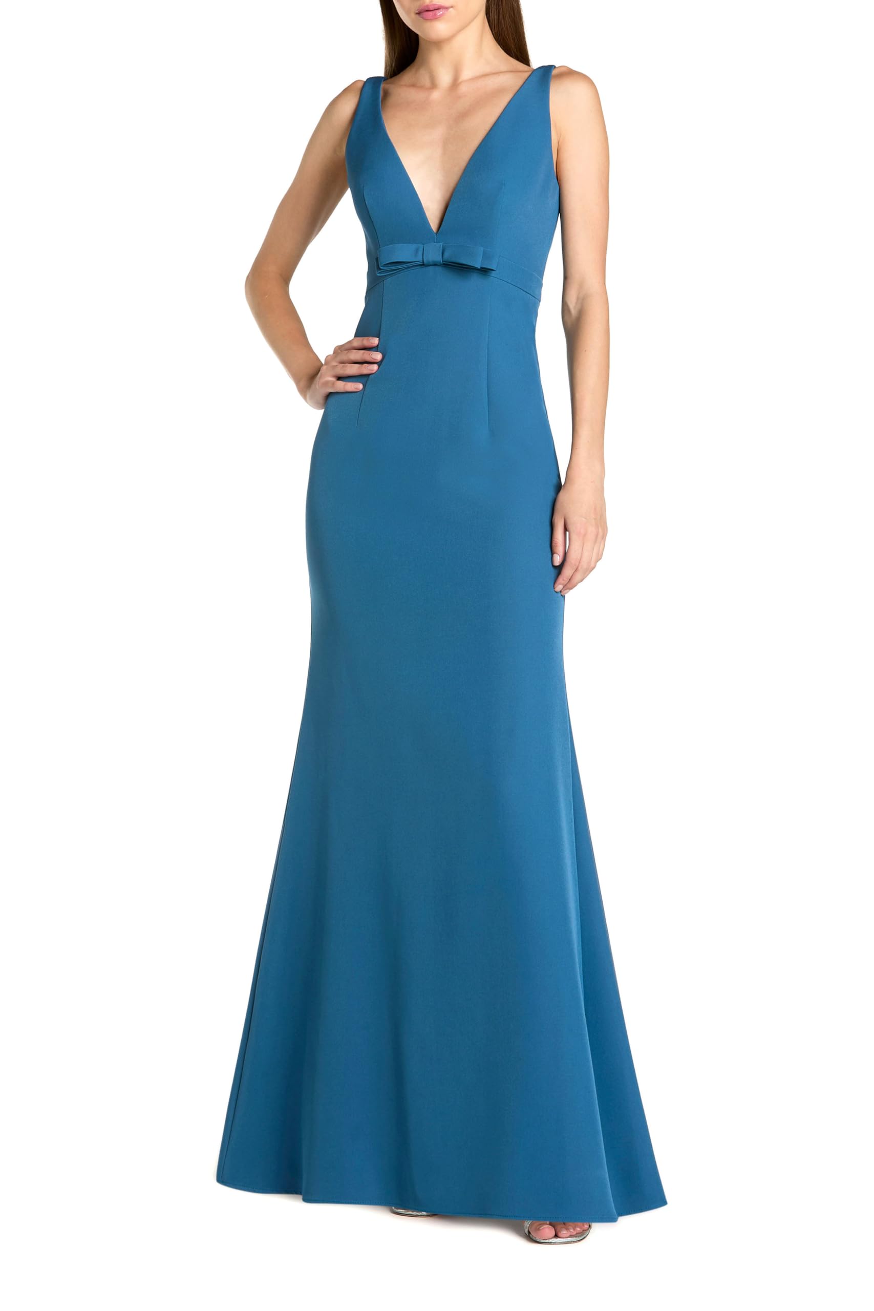 Crepe Sleeveless V Neck Mermaid Gown with Bow