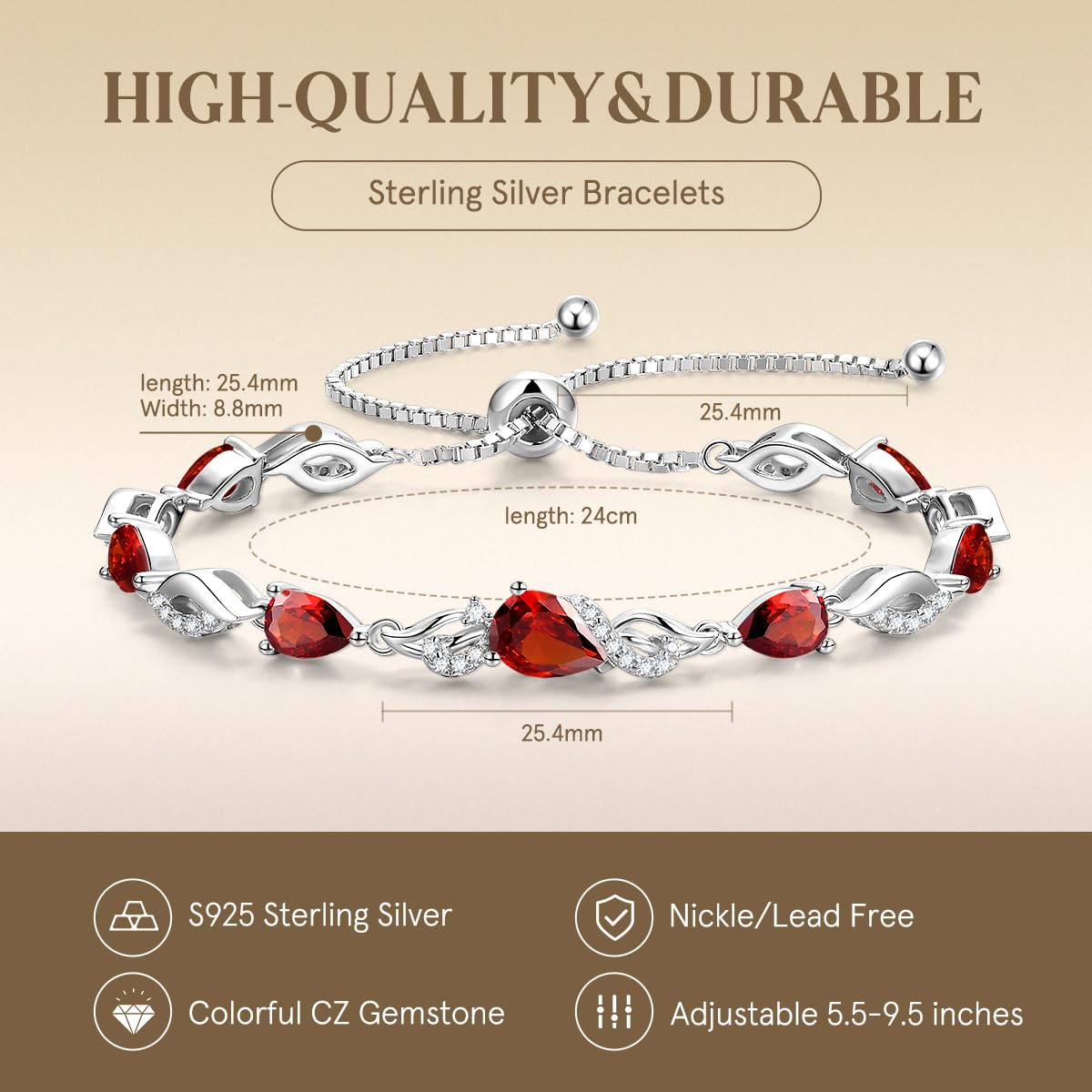 FANCIME January Birthstone Teardrop Garnet Tennis Bracelet for Women, Sterling Silver 9x7mm main Gemstone Bolo Adjustable Chain Bracelet Fine Jewelry Birthday Gifts for Women Mom Wife Her