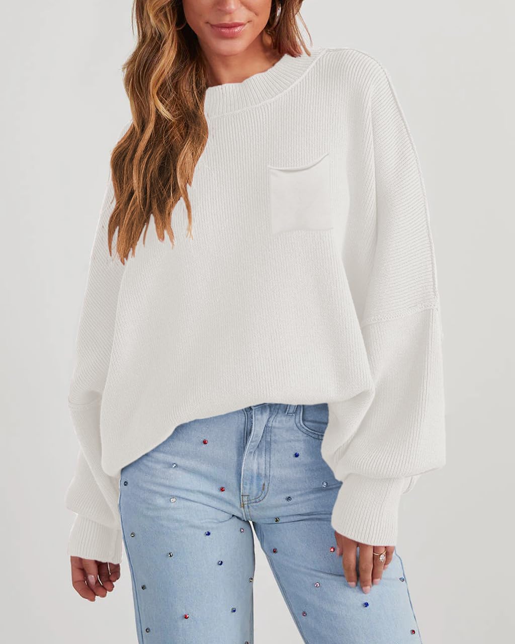 Women's Oversized Sweaters 2025 Fall Fashion Casual Outfits Crewneck Long Sleeve Batwing Pullover Tops Winter Clothes (White, L)