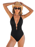 CUPSHE Women's One Piece Swimsuit Plunging Neck Cutouts Bathing Suit Textured Ruched Crisscross Back Self Tie Swimwear, M Black