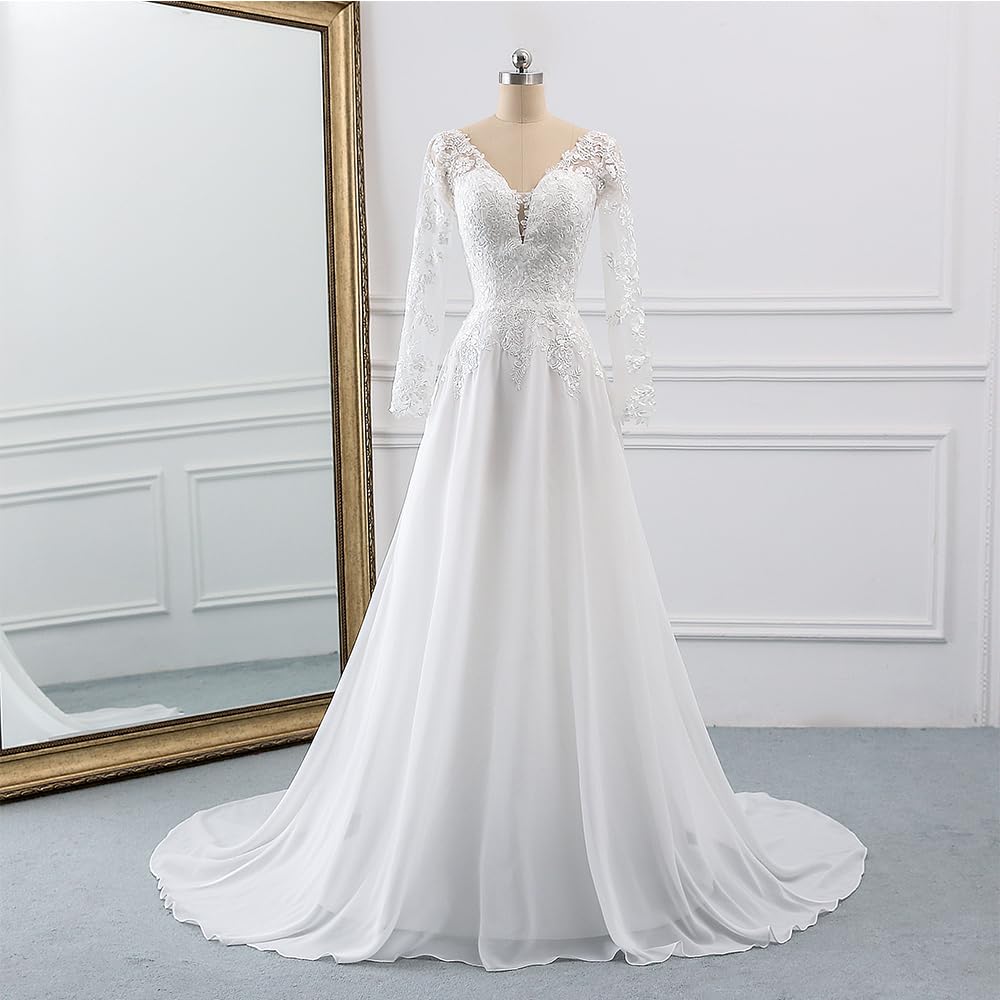 Findlovewedding Wedding Dresses for Bride 2024 with Lace Appliques Chiffon A Line Women Dress Long Sleeves Beach Bride Dress US16 Ivory