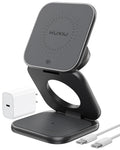 KU XIU Qi2.2 25W Magnetic Wireless Charger, Foldable 3 in 1 Travel Charging Station for iPhone 17/16/15/14/13/12, 5W for Apple Watch & AirPods, Aluminum Alloy Design, 45W GaN Adapter Included, Gray