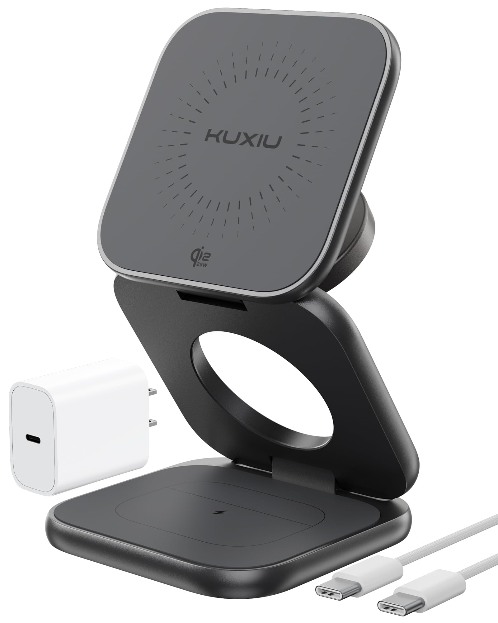 KU XIU Qi2.2 25W Magnetic Wireless Charger, Foldable 3 in 1 Travel Charging Station for iPhone 17/16/15/14/13/12, 5W for Apple Watch & AirPods, Aluminum Alloy Design, 45W GaN Adapter Included, Gray
