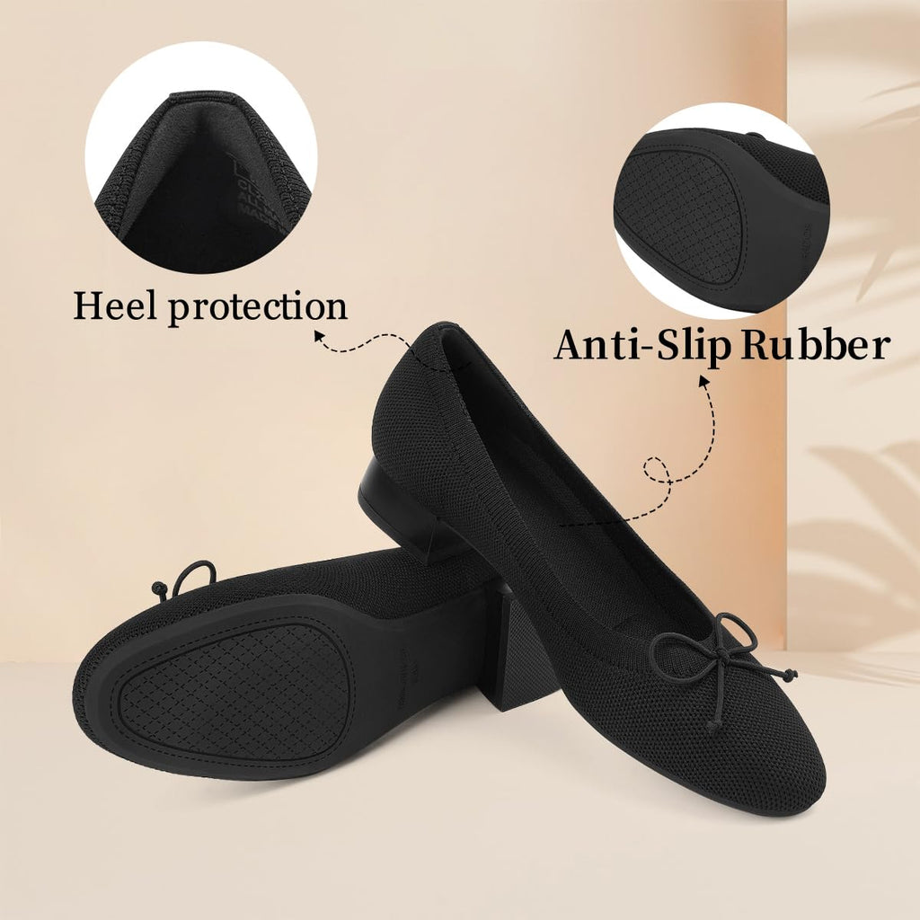 JENN ARDOR Womens Black Chunky Pumps Low Heels Ballet Dress Shoes Ladies Casual Office Shoes for Women Round Toe Comfortable Office Slip On Shoes Size 6