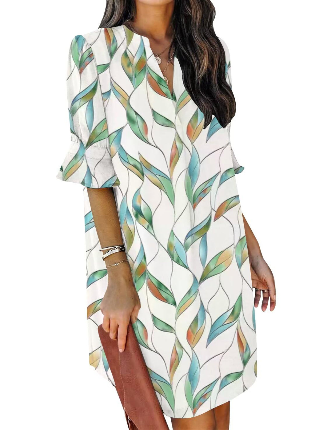 QACOHU Womens Summer Casual Sundress Ruffle Sleeves Simple Mini Shift Dress Multi Leaf Flower L