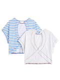 WDIRARA Girl's 2 Pack Open Back T Shirts Crew Neck Criss Cross Short Sleeve Tees Blue and White 12Y