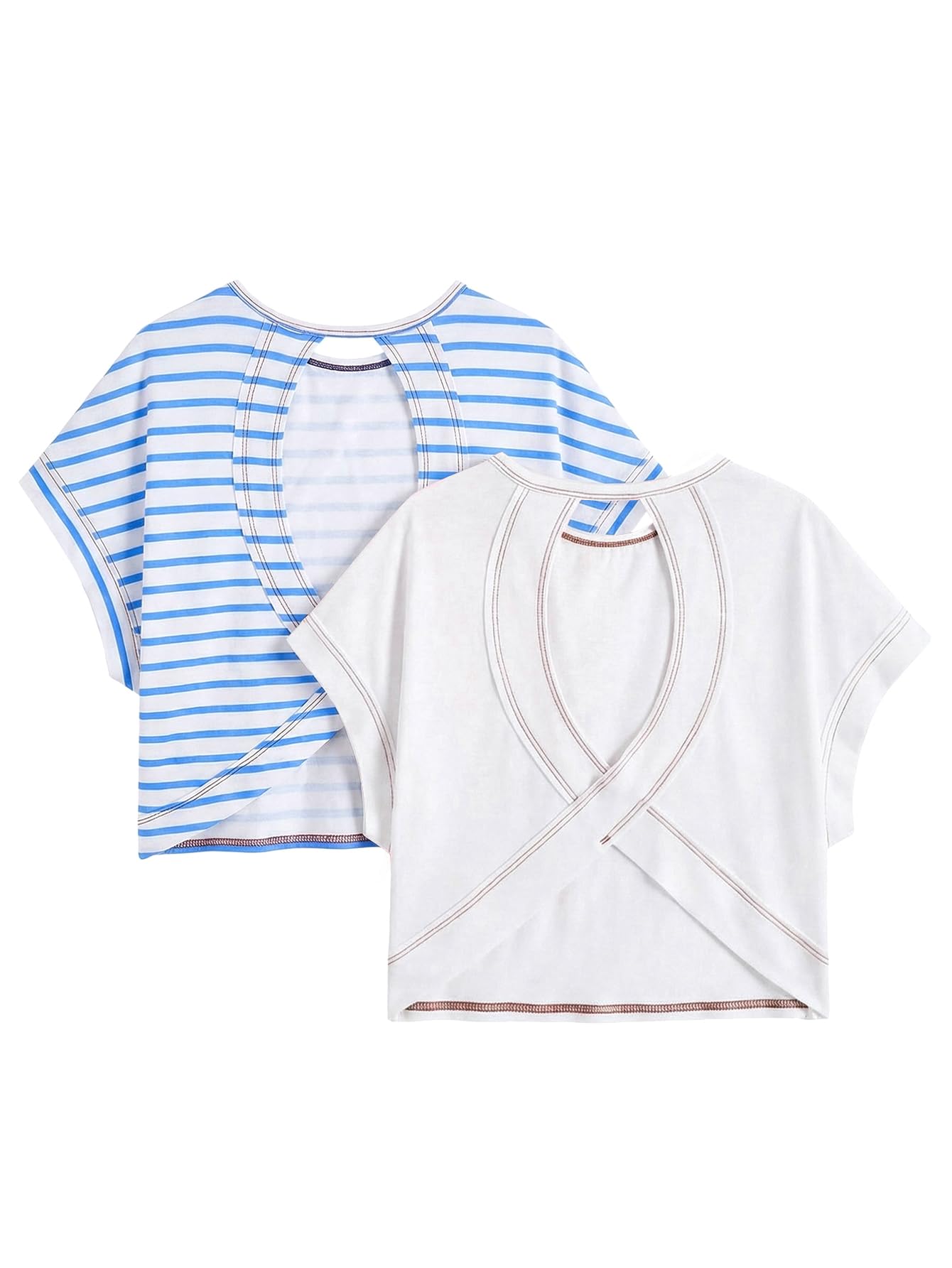 WDIRARA Girl's 2 Pack Open Back T Shirts Crew Neck Criss Cross Short Sleeve Tees Blue and White 12Y