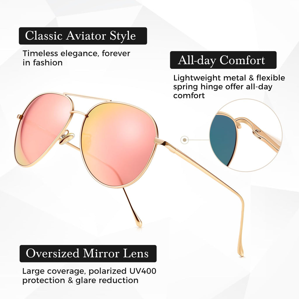 SUNGAIT Women's Lightweight Oversized Aviator Sunglasses - Mirrored Polarized Lens Classic Style