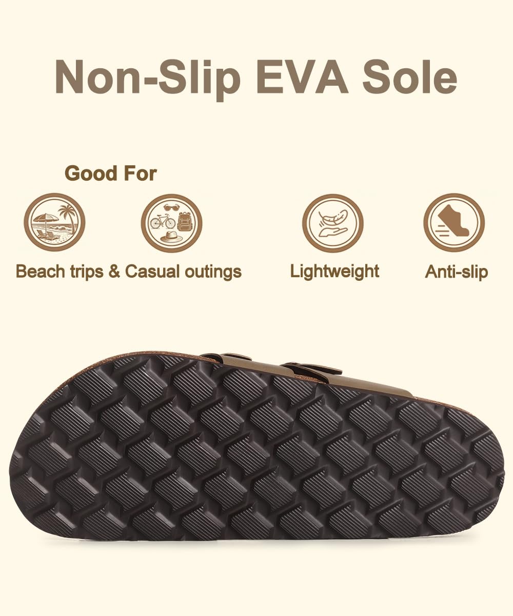 KIDMI Women's Cork Footbed Sandals with Toe Loop, Comfortable Summer Slip-On Slides with Adjustable Buckle, Brown 39