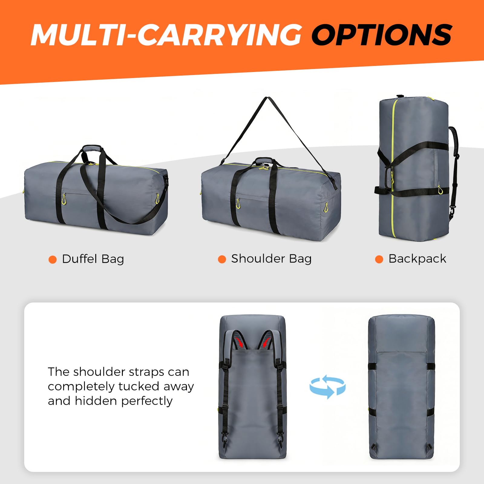 Uarition 100L Extra Large Duffle Bag for Travel, 3 In 1 Travel Duffel Bags for Men and Women, Foldable Duffle Backpack for Traveling, Grey