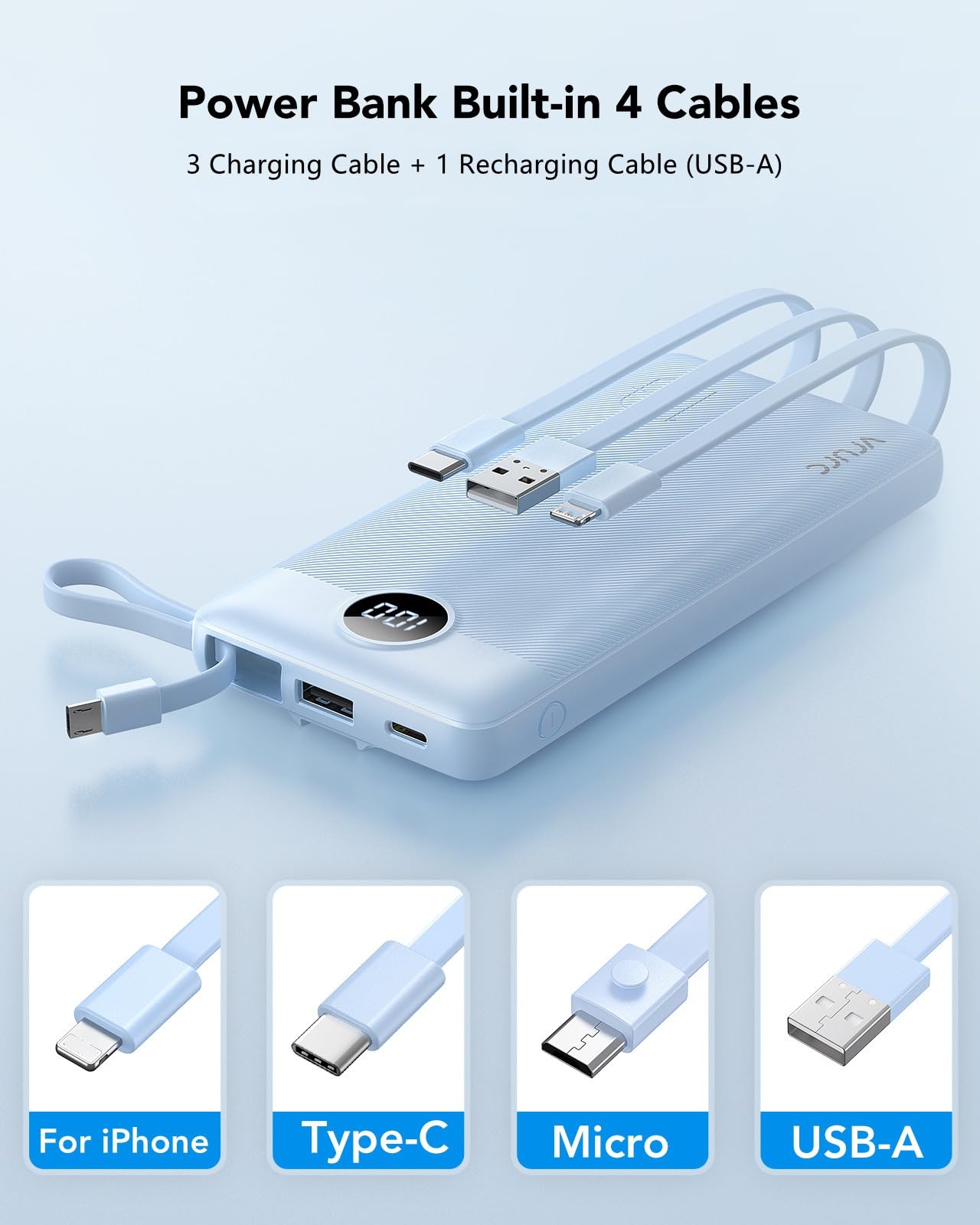 VRURC Portable Charger for iPhone, Built in Cables & Lanyard Power Bank 10000mAh, Compact USB C Charging Bank 5 Outputs for Multi Devices,Travel Essential for Hiking Camping Business Cruise Ship-Blue