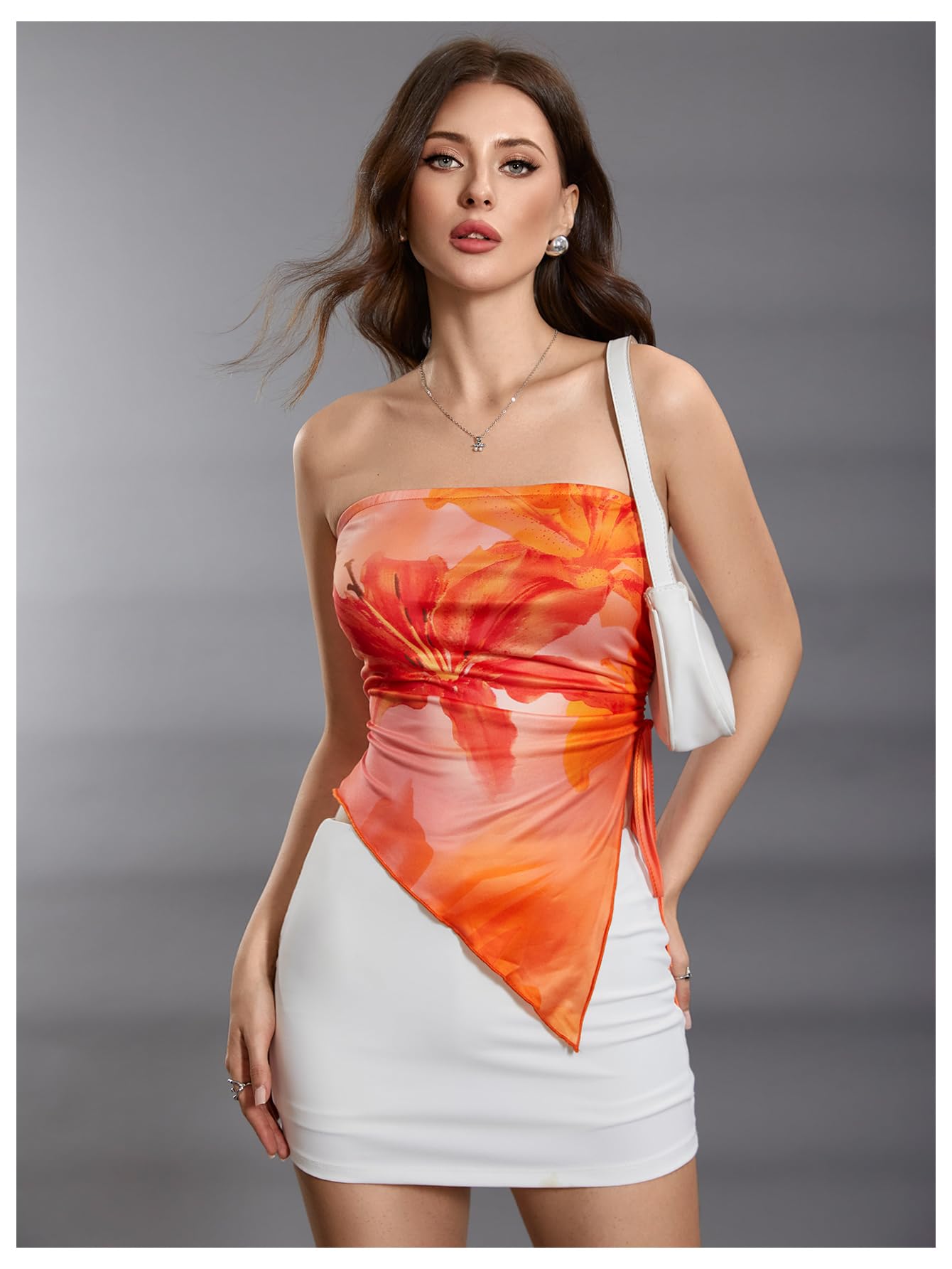 WDIRARA Women's Floral Mesh Strapless Side Ruched Tube Top Asymmetrical Hem Bandeau Crop Tops Orange X-Large