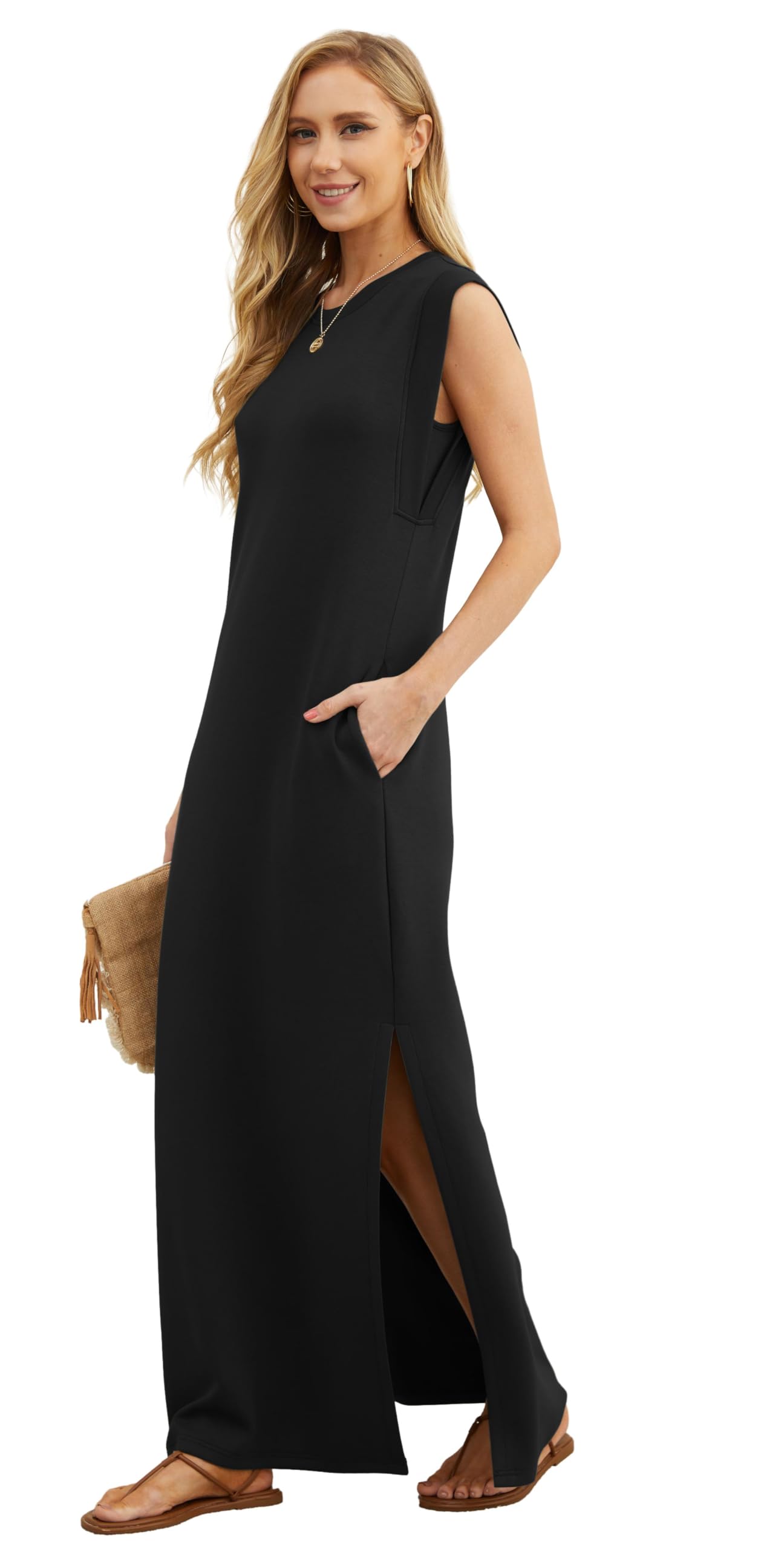 GRECERELLE Women's Summer Casual Loose Split Long Maxi Sun Dress with Pockets (Medium, Black)