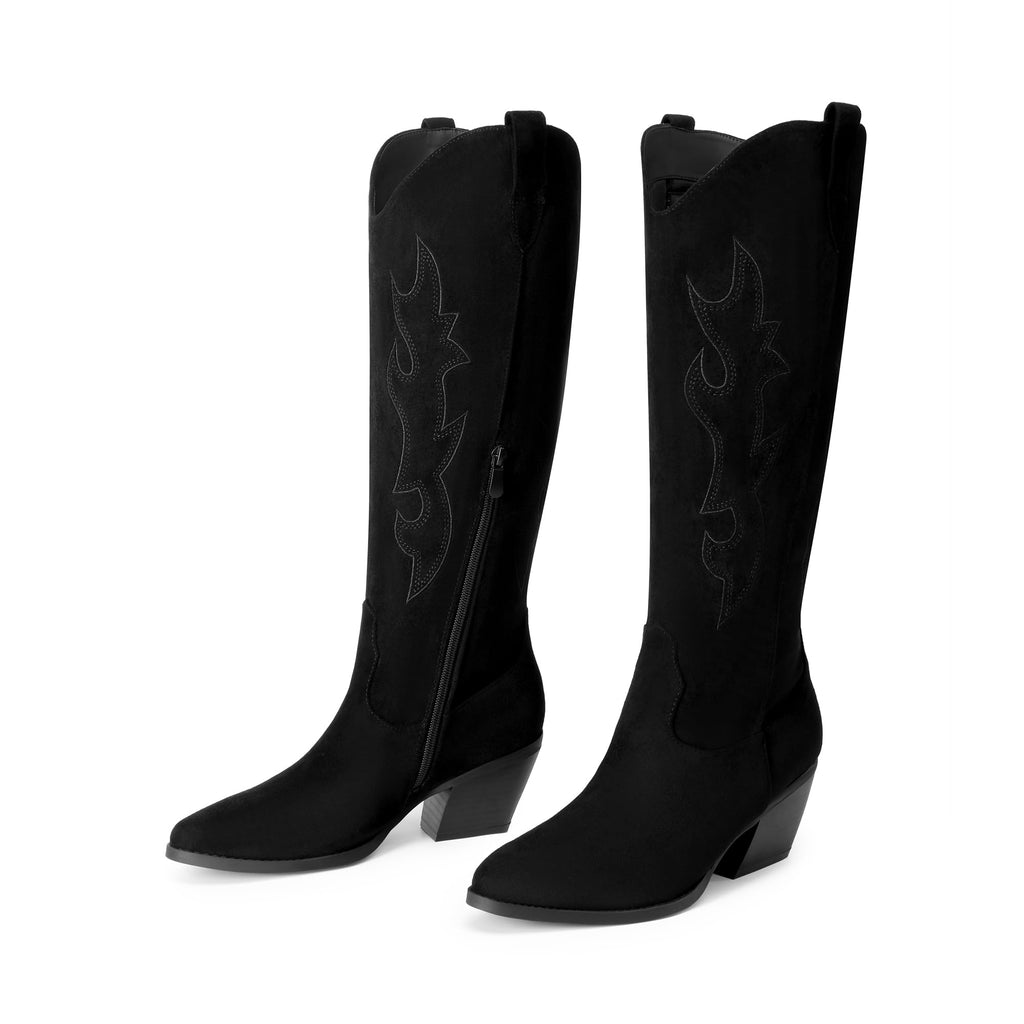DREAM PAIRS Cowgirl Boots Women Knee High Cowboy Boots Pointed Toe Chunky Block Heel Suede Tall Western Boots with Embroidered,Size 8,Black,SDKB26001W