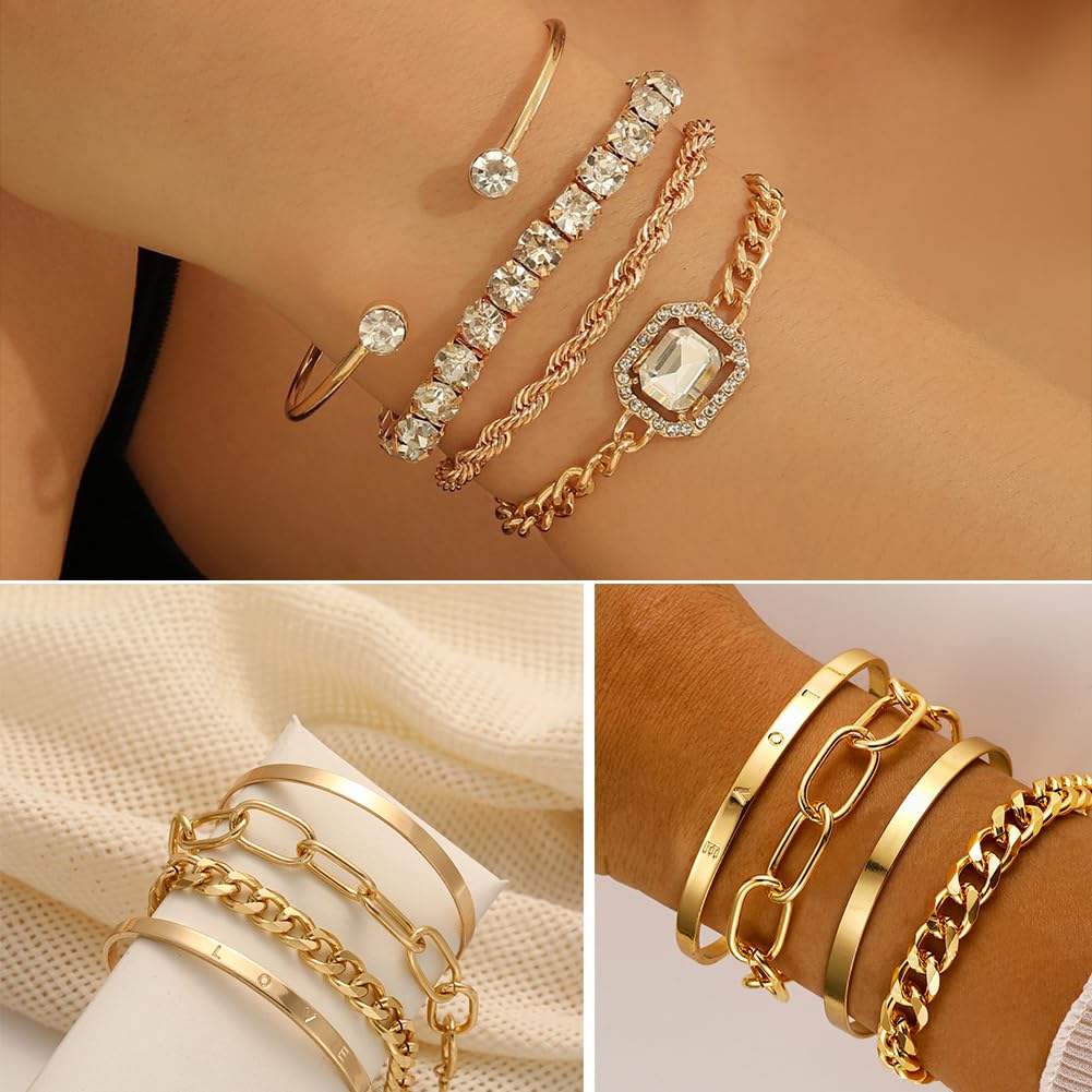 IFNODO 57pcs Gold Jewelry Set With 3 PCS Necklace, 12 PCS Bracelet,20pcs Hoop Stud Earrings,22pcs rings set For Women For Birthday Gifts (gold color-57)