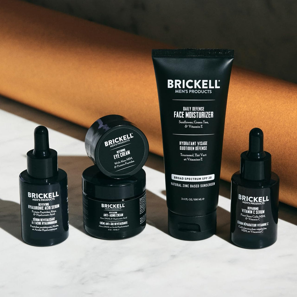 Brickell Men's Complete Defense Anti Aging Routine, Night Face Cream, Day & Night Serum, Facial Moisturizer w/SPF & Eye Cream, With Hyaluronic Acid, Peptides, and Vitamin C, Unscented