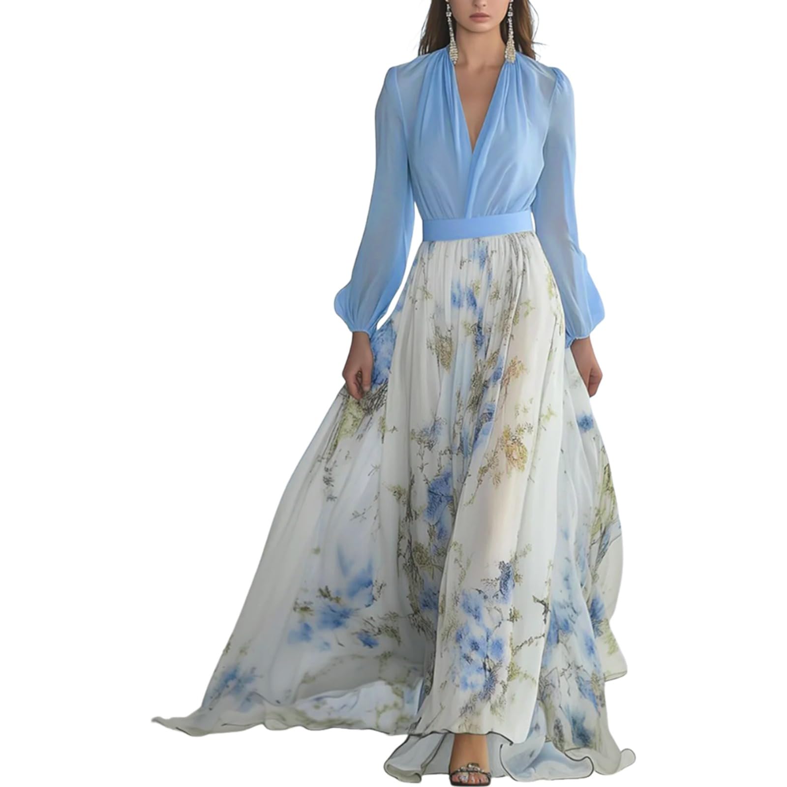 CBZDJX Women's Boho Floral Chiffon Maxi Dresses 2026 Summer Casual Long Sheer Sleeve Deep V Neck A-Line Beach Vacation Dress Blue
