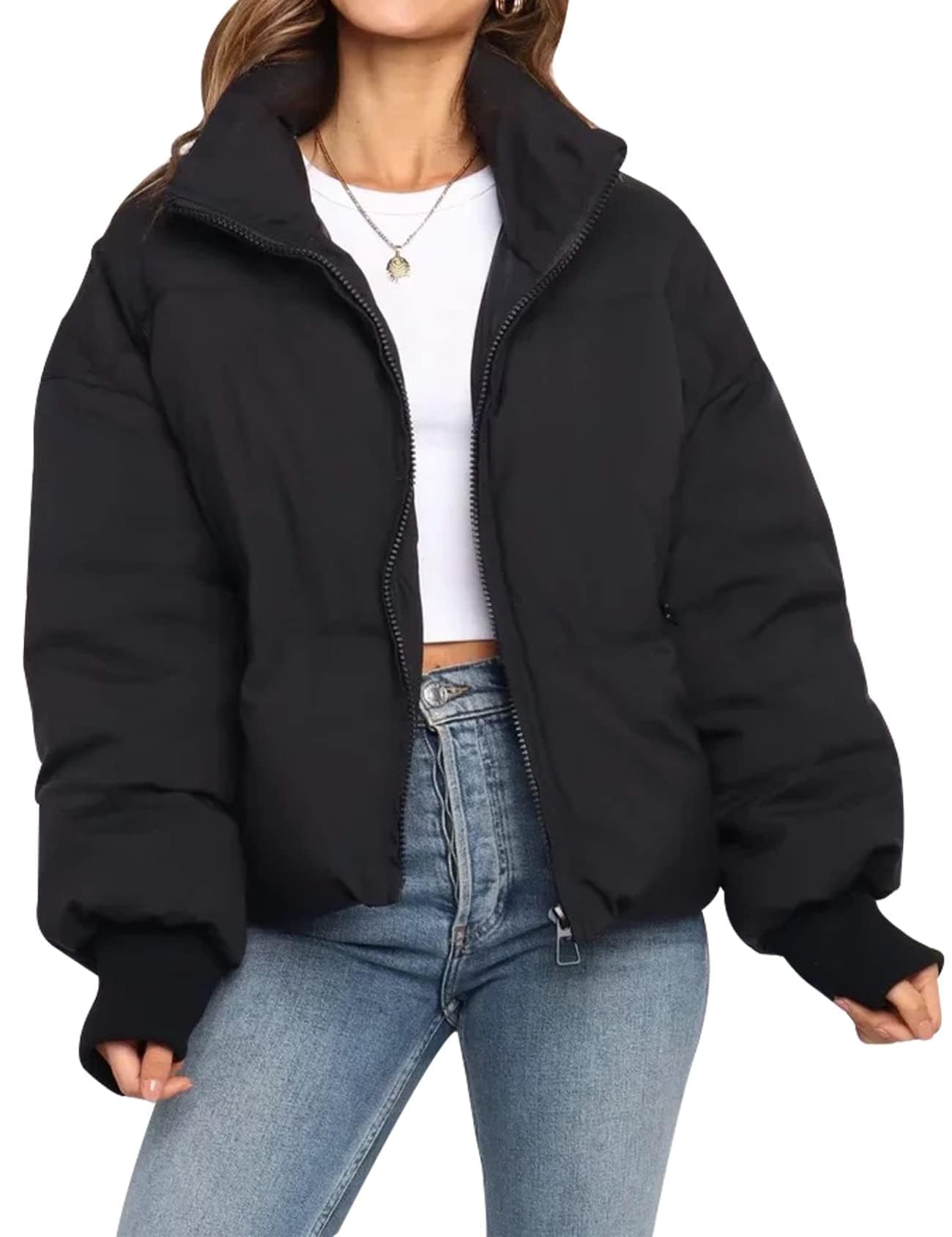 Gihuo Women’s Winter Cropped Puffer Jacket Coat Short Warm Quilted Jacket(Black-M)
