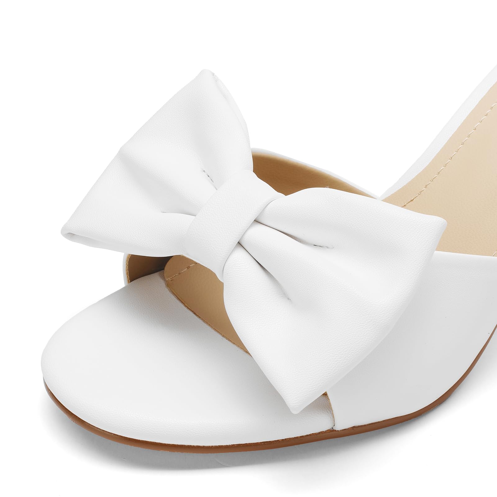 Women's Kitten Heels - Bow Round Open Toe Slip On Sandals 2 3/4-Inch Comfortable Low Heels, Perfect for Wedding, Dates, Casual, Office & Summer Parties (White, US Footwear Size System, Adult, Women, Numeric, Medium, 8)