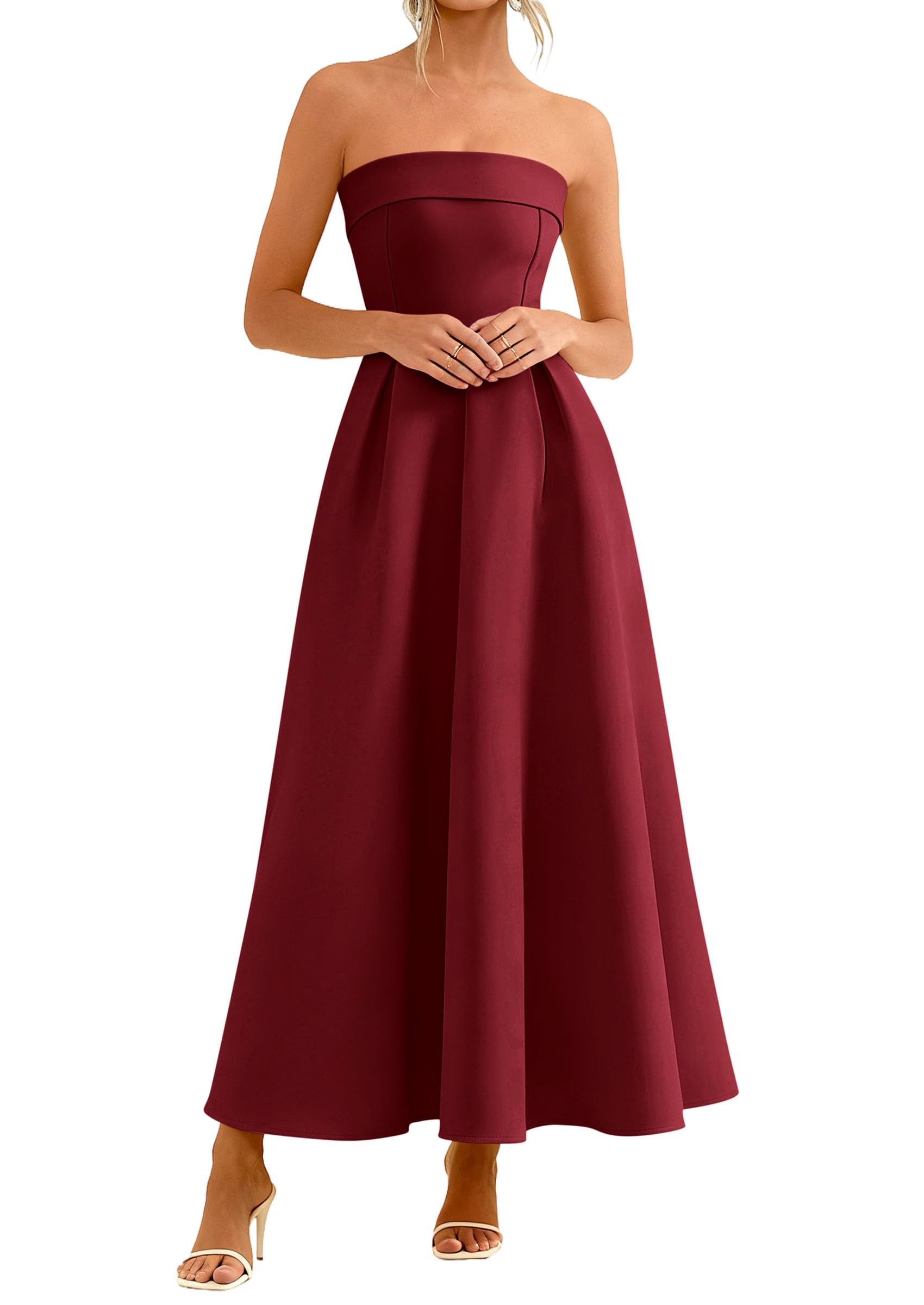 PRETTYGARDEN Cocktail Dresses for Women 2026 Summer Formal Elegant Tube Top Strapless Spring Wedding Guest Party Midi Dress(Burgundy,Medium)