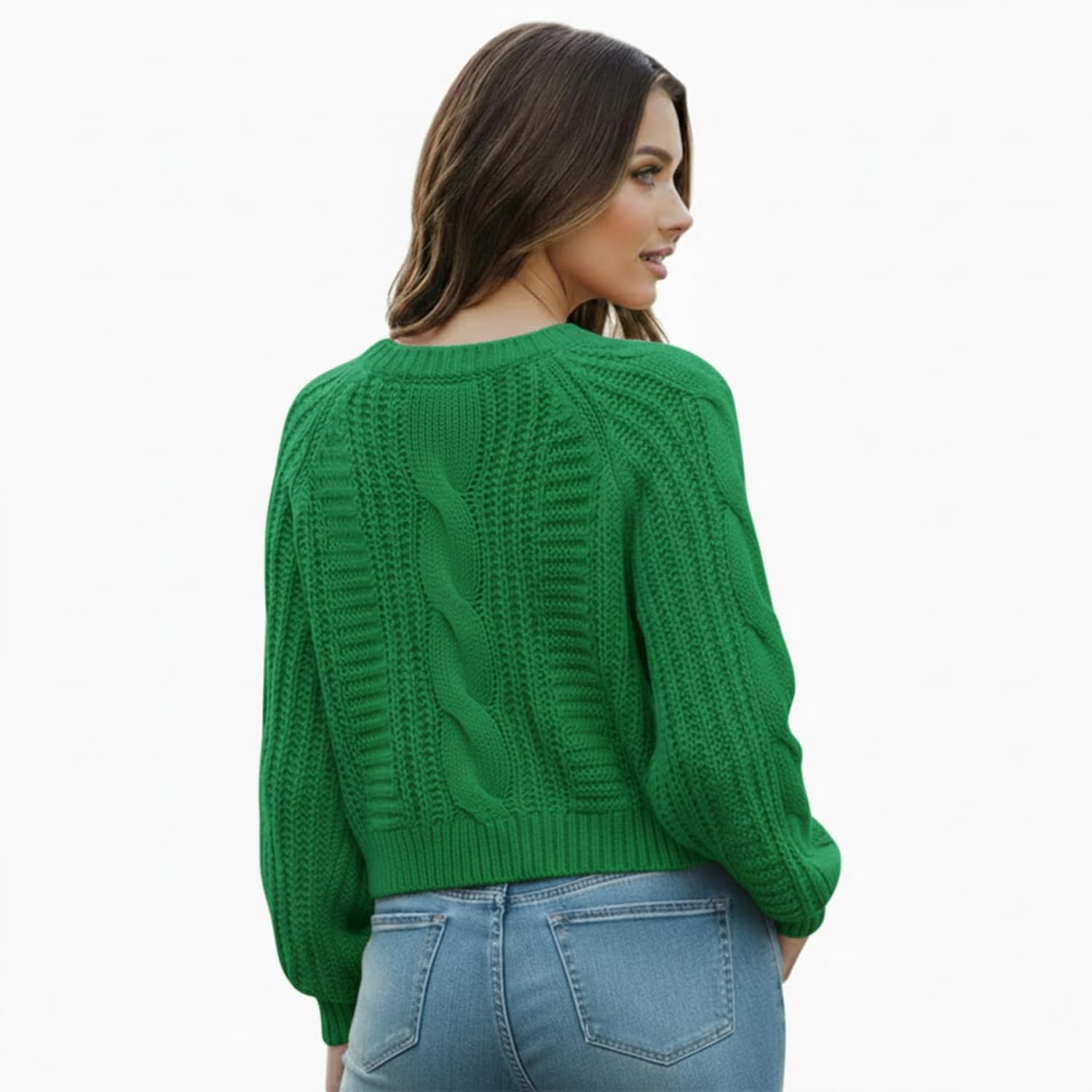 Grewear Women's Cropped Cable Knit Sweater, Soft Long Sleeve Crewneck Pullover, Casual Cozy Knit Top for Fall Winter Outfits, Gift for Women Forest Green-XS