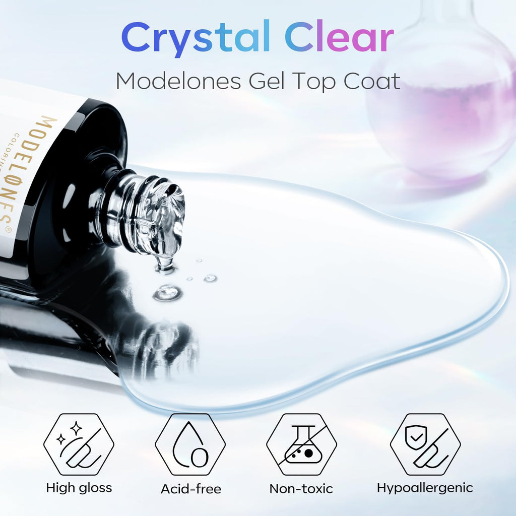 modelones Gel Top Coat, 15ml No Wipe Gel Nail Polish High Gloss Top Coat Shiny Long Lasting Clear Top for Acrylic Nails, Need U V/LED Lamp for Home DIY Gift Winter Valentine's Manicure Salon