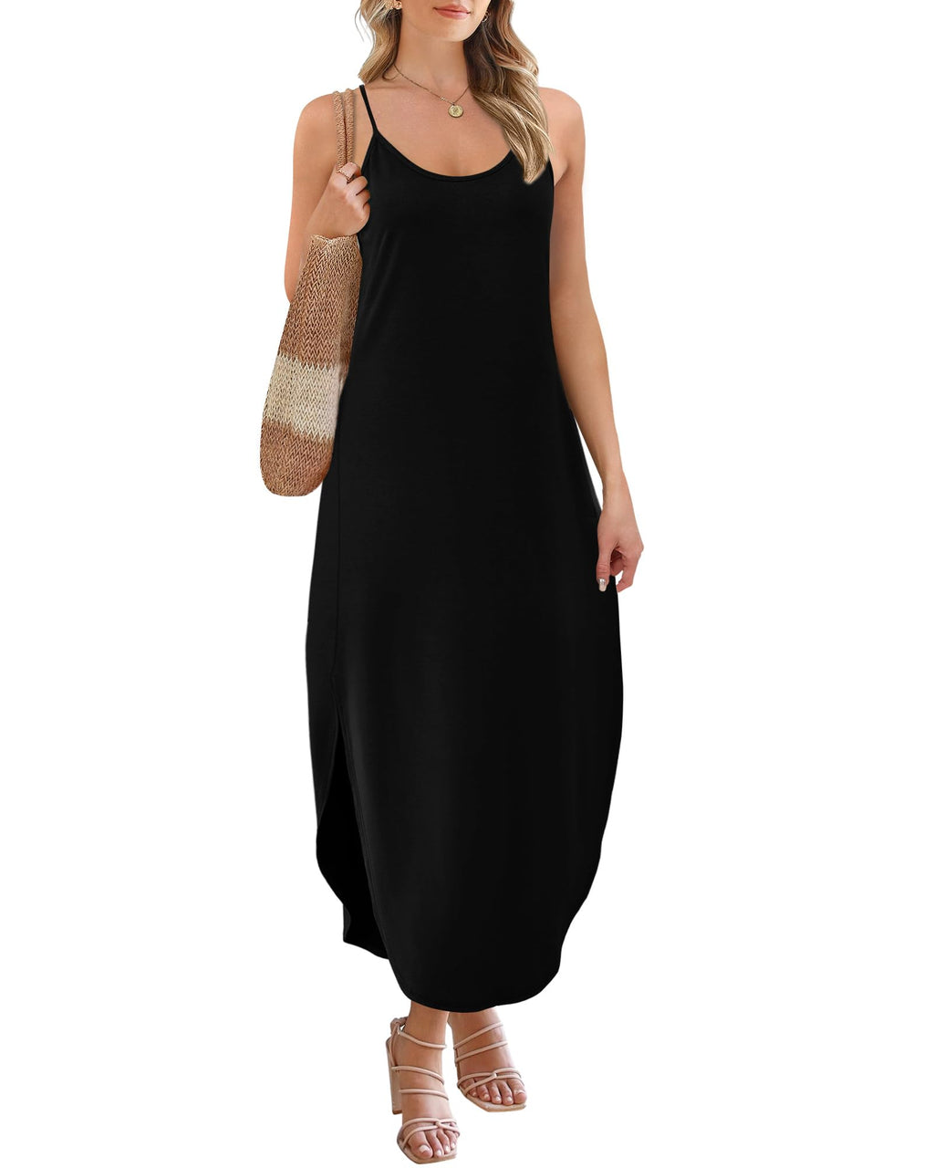 WIHOLL Dresses for Women 2026 Vacation Casual Maxi Summer Dress V Neck Weddging Guest Sundress Church Black L