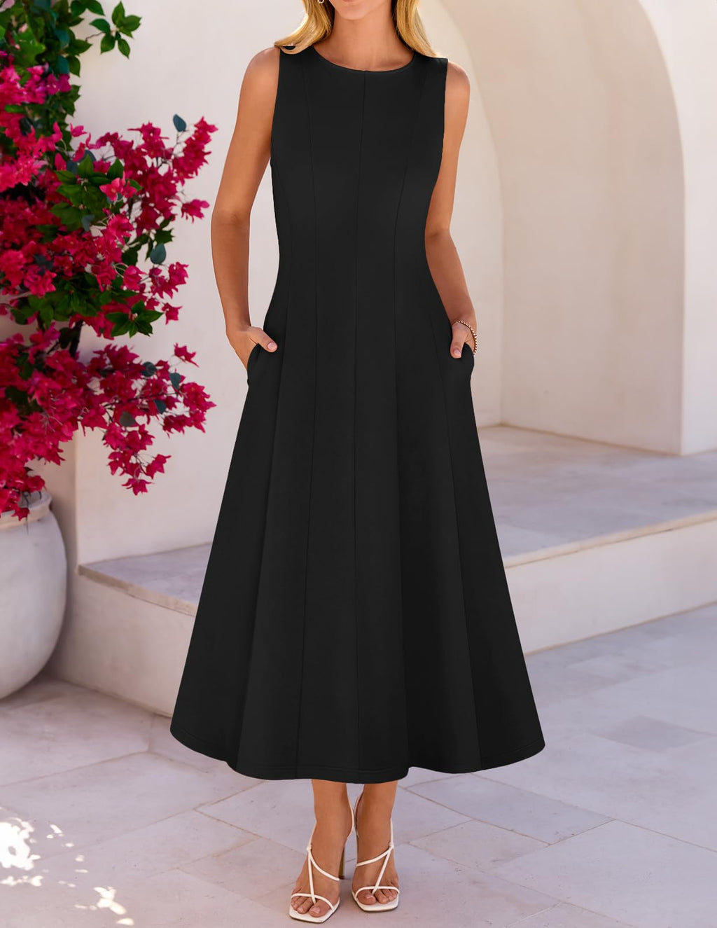 MEROKEETY Women's 2026 Semi Formal Cocktail Dresses Summer Elegant Classy Midi A Line Sleeveless Dress, Black, X-Large