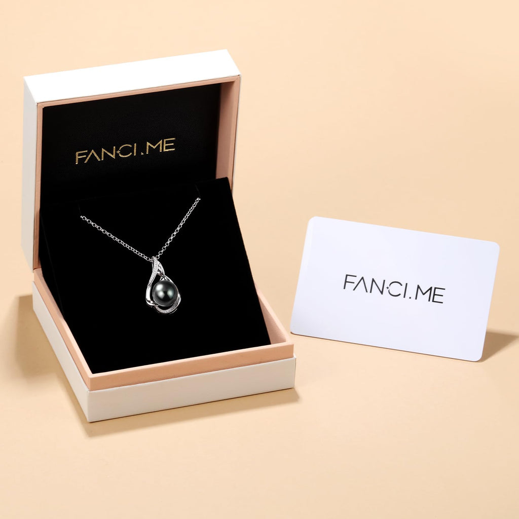 FANCIME Gift for Women Wife Natural Tahitian Pearl Necklace Sterling Silver Vahine Charm 10-12MM Black Pearl Luxury Jewelry Gift for Women, Mother, Wife, 16"+2" Adjustable