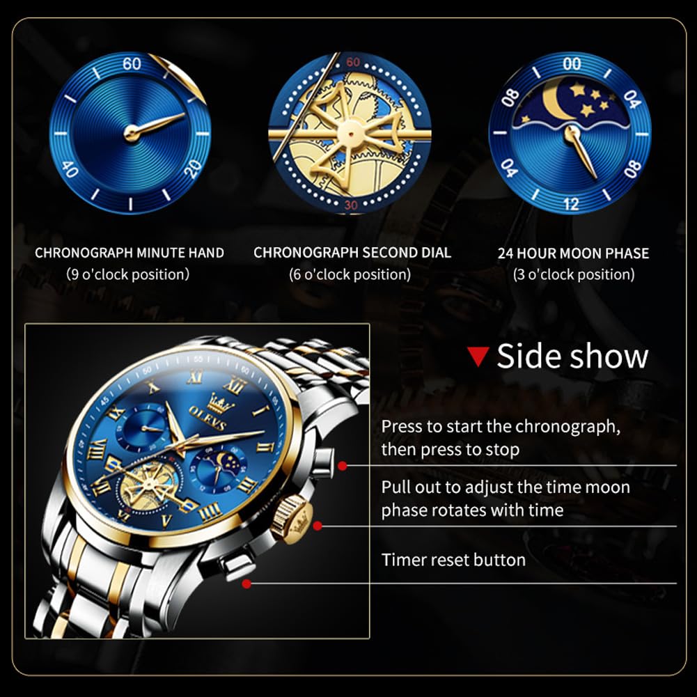 OLEVS Watch Men Original Watches for Mens Luxury Dress Business Fashion Waterproof Watch Water Resistant Roman Numbers Chronograph Stainless Steel Metal Adjustable Large Blue Faces Casual Analog Watches
