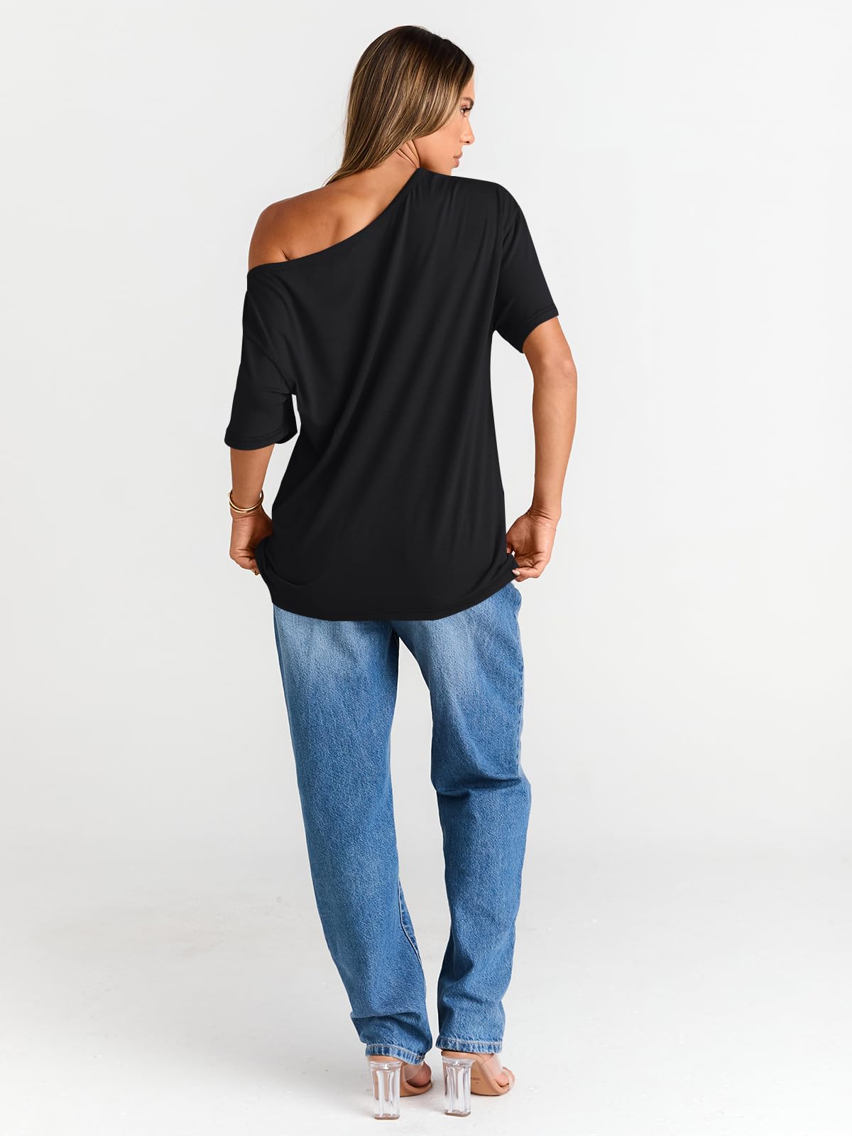 Trendy Queen Womens Off The Shoulder Tops Oversized T-Shirts Short Sleeve Tees Summer 2026 Casual Spring Clothes Workout Gym Y2k Cute Going Out Plus Size Fashion Clothing Black L