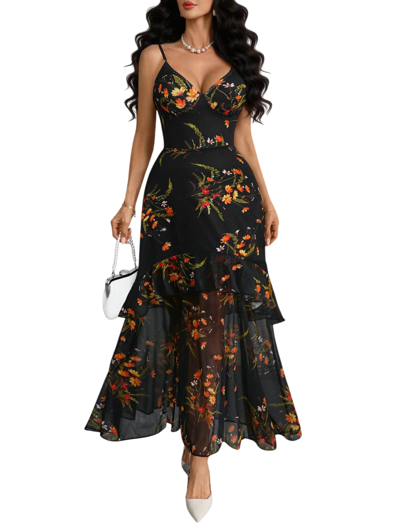 GothDark Women Floral Mesh Maxi Dress Sexy V Neck Spaghetti Strap Tiered Ruffle Hem Party Long Dresses for Wedding Guest Multicolor