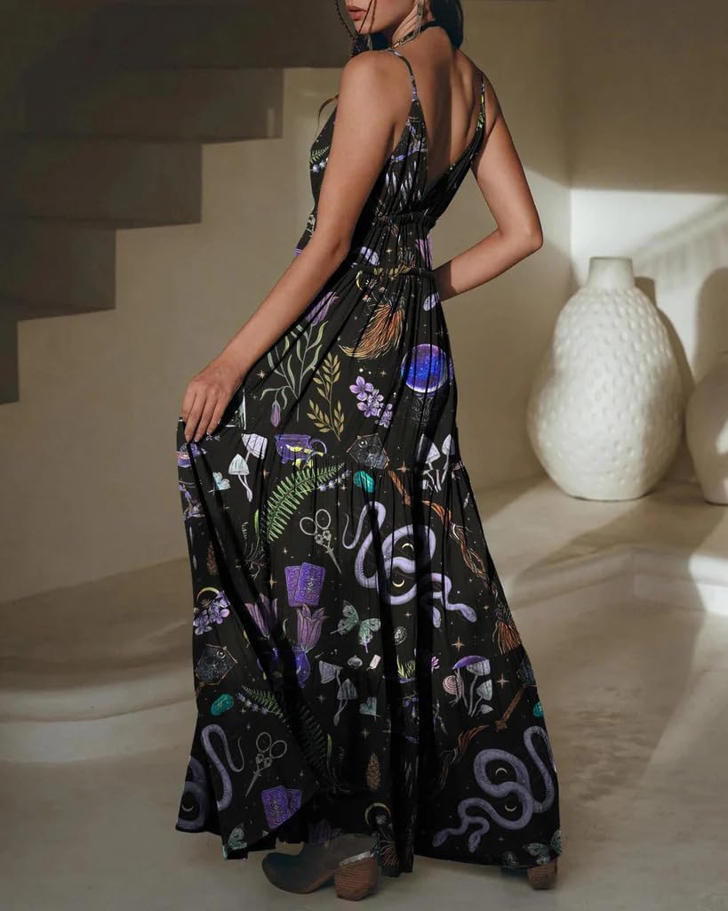 CORAMOON Womens Summer Sun Dresses Mystical Gothic Maxi Dress Casual Floral Witch Dress Date Dress Halloween Outfits (US, Alpha, X-Large, Regular, Regular, Black)