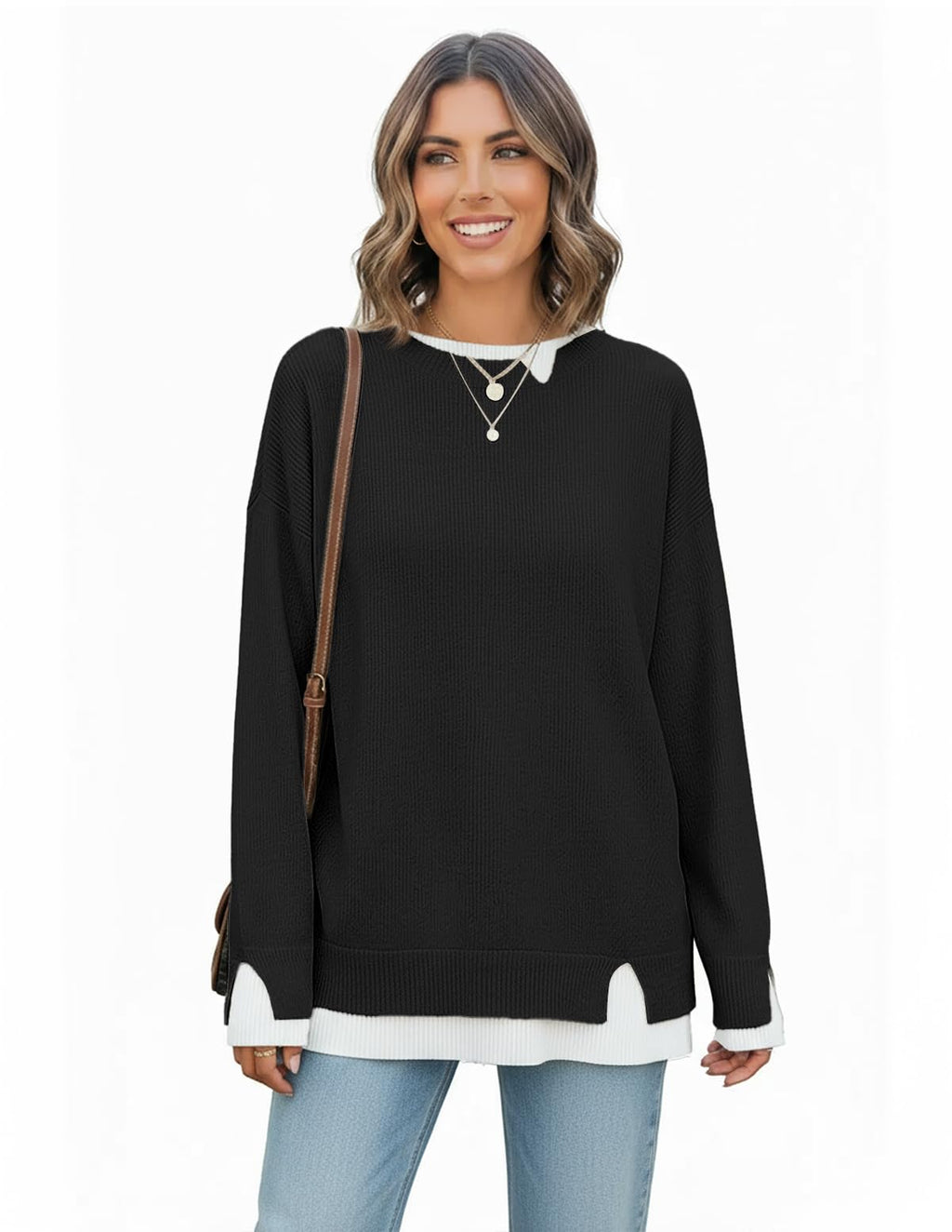 ETCYY Womens Sweaters School Teacher Outfits Fall Clothes Cowboy Chic Knit Cozy Fall Fashion 2026 Winter Oversized Sweater,Pure Black,Large
