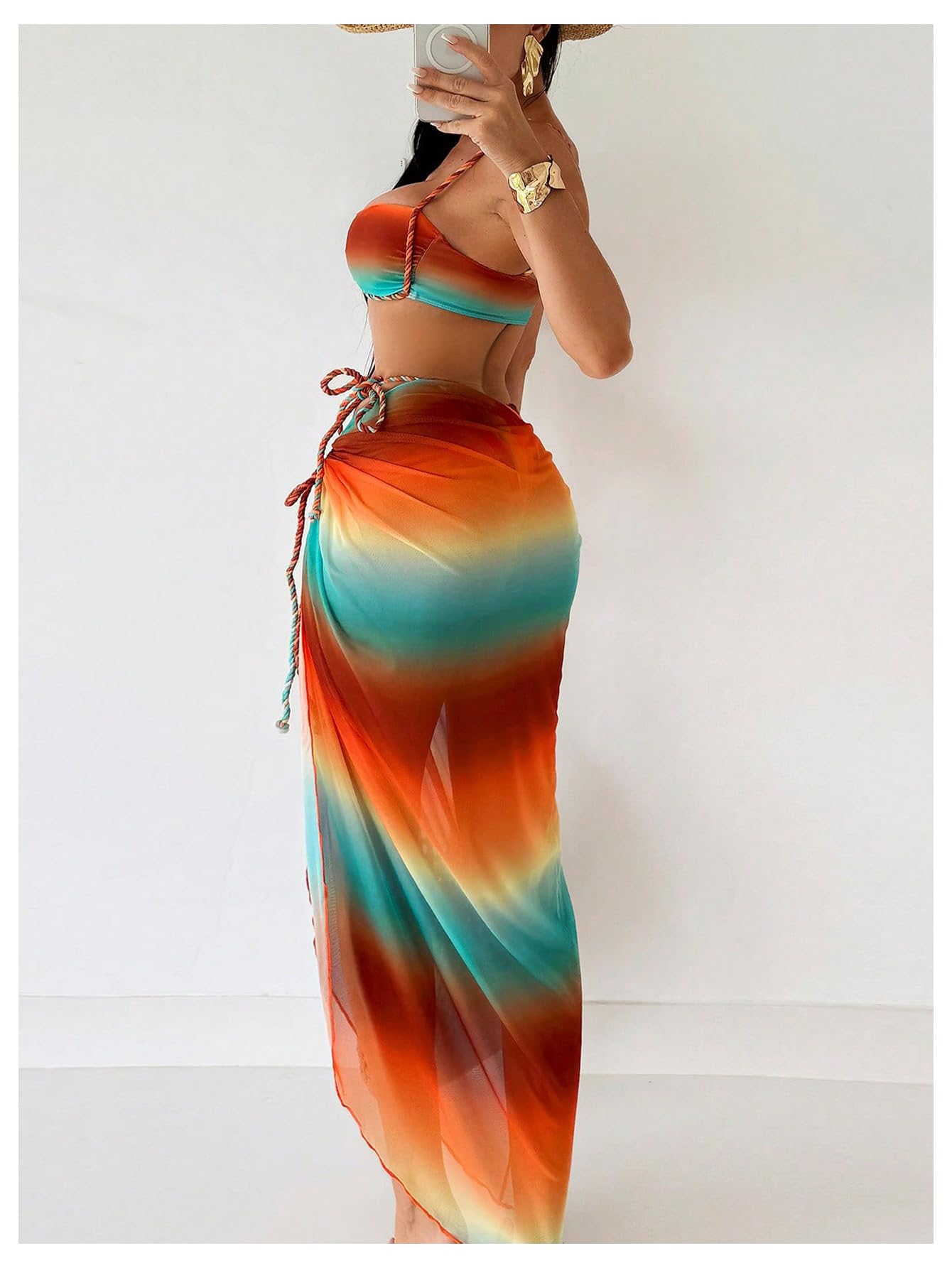 WDIRARA Women's 3 Piece Bikini Set Ombre Twist Ruched Swimsuit with Split Beach Skirt Multicolor Small