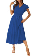 PRETTYGARDEN Women's Summer Floral Boho Dress Wrap V Neck Short Sleeve Ruffle A-Line Flowy Maxi Wedding Guest Dresses (Solid Dark Blue,Large)
