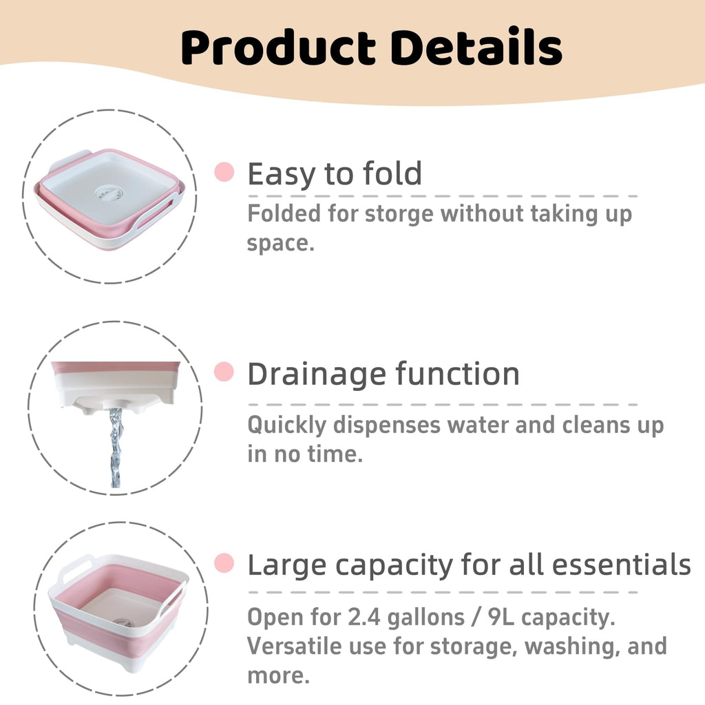 GIMWA Collapsible Wash Basin for Baby Bottles - 2.4 Gallons Portable Wash Bin for RV Camping Sink, Space-Saving Dish Tub (Pink)