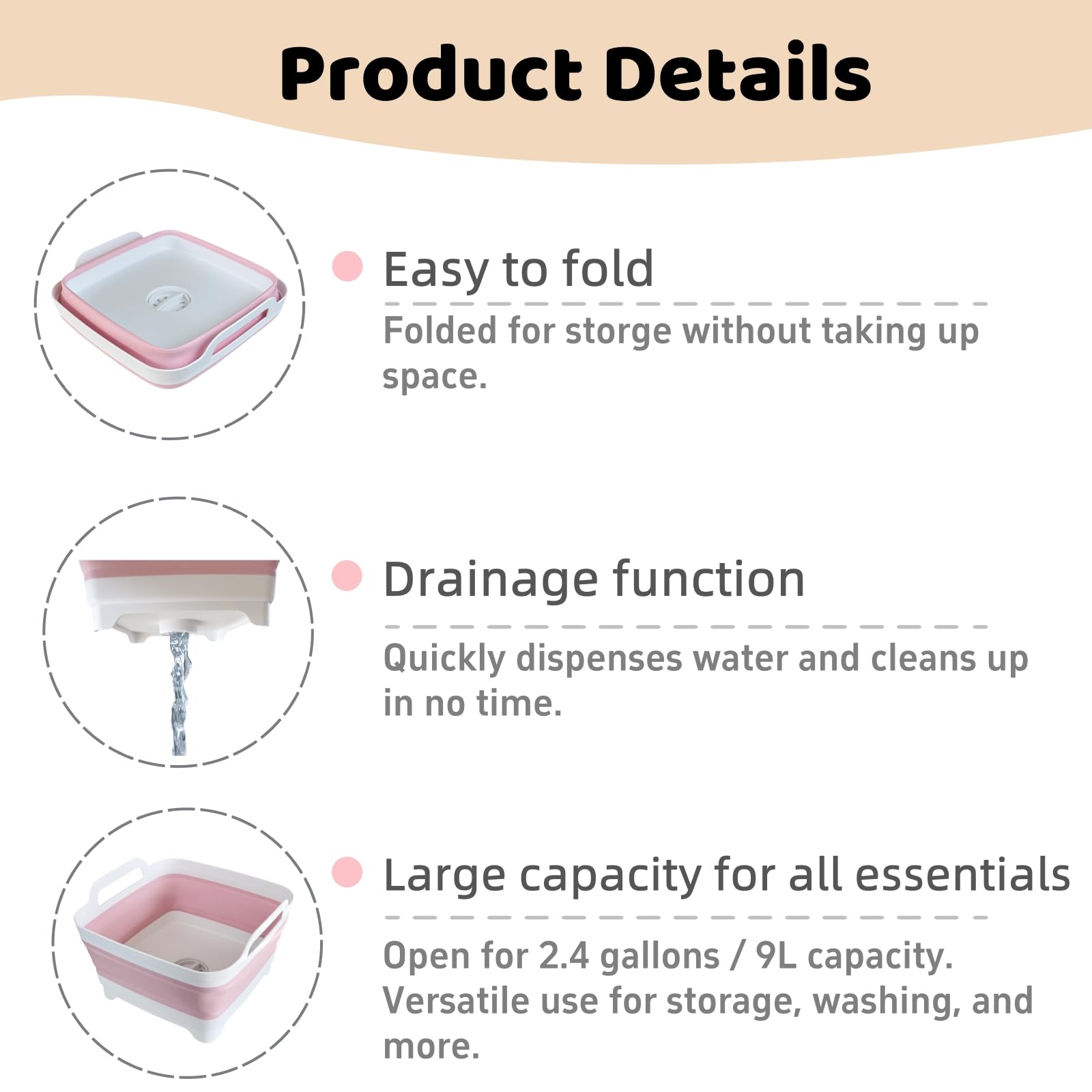 GIMWA Collapsible Wash Basin for Baby Bottles - 2.4 Gallons Portable Wash Bin for RV Camping Sink, Space-Saving Dish Tub (Pink)