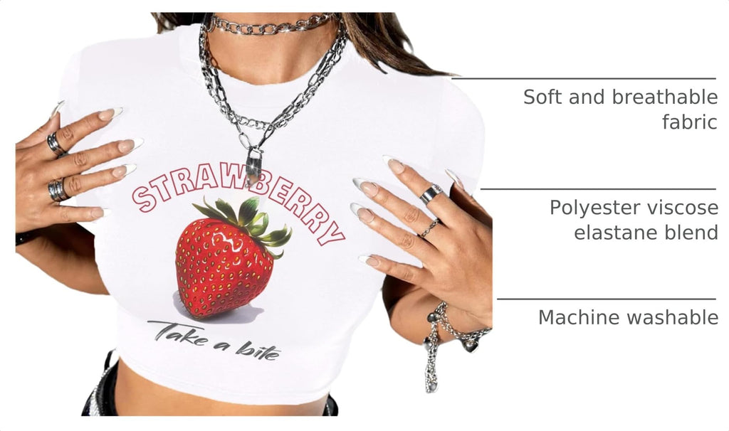 Hilinker Womens Short Sleeve Graphic Crop Tops Vintage Tees Summer Cute T Shirts White Red Strawberry Large