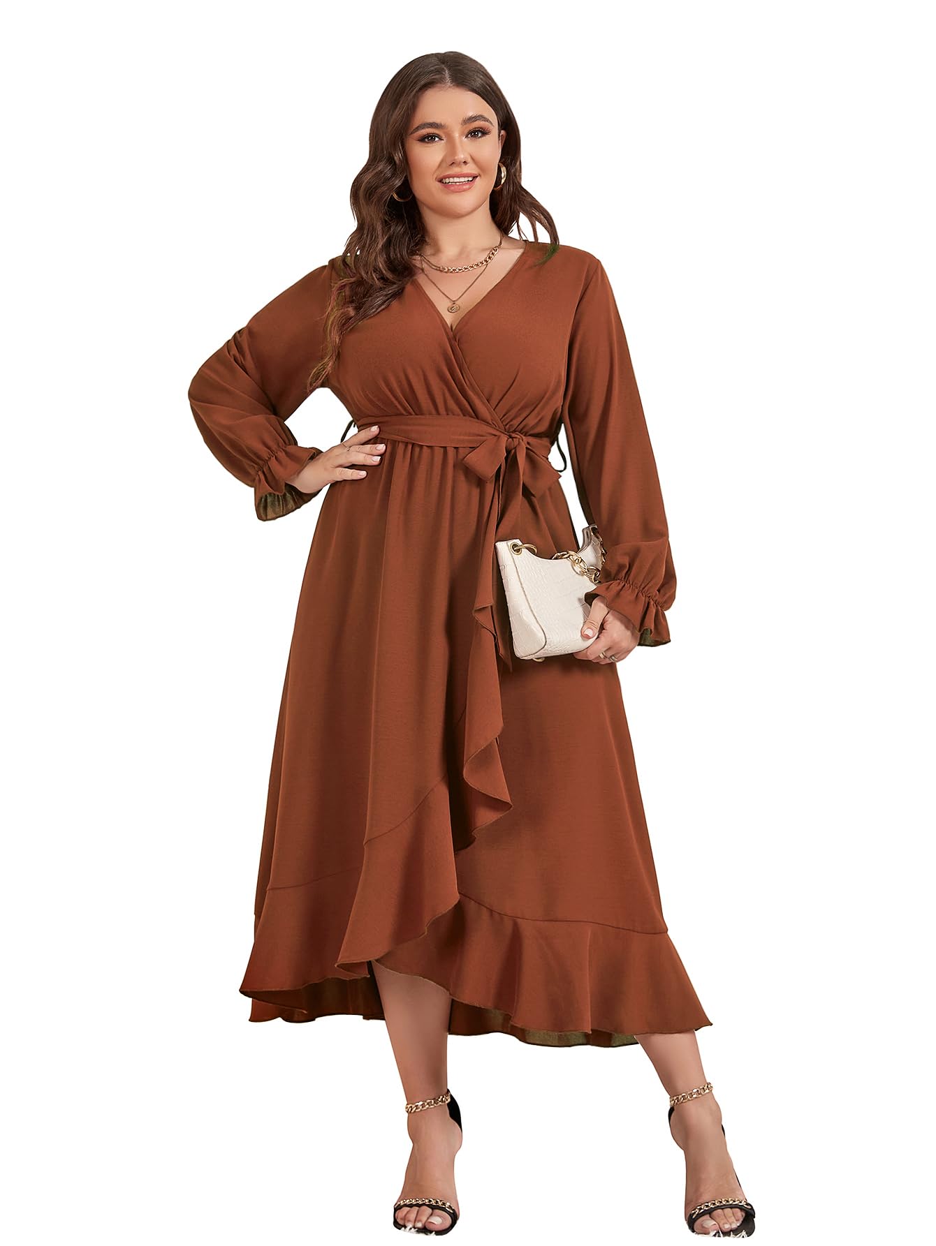 SCOMCHIC Women Plus Size Formal Dresses Fall Long Sleeve Faux Wrap V Neck High Low Ruffle Cocktail Wedding Guest Maxi Dress Rust