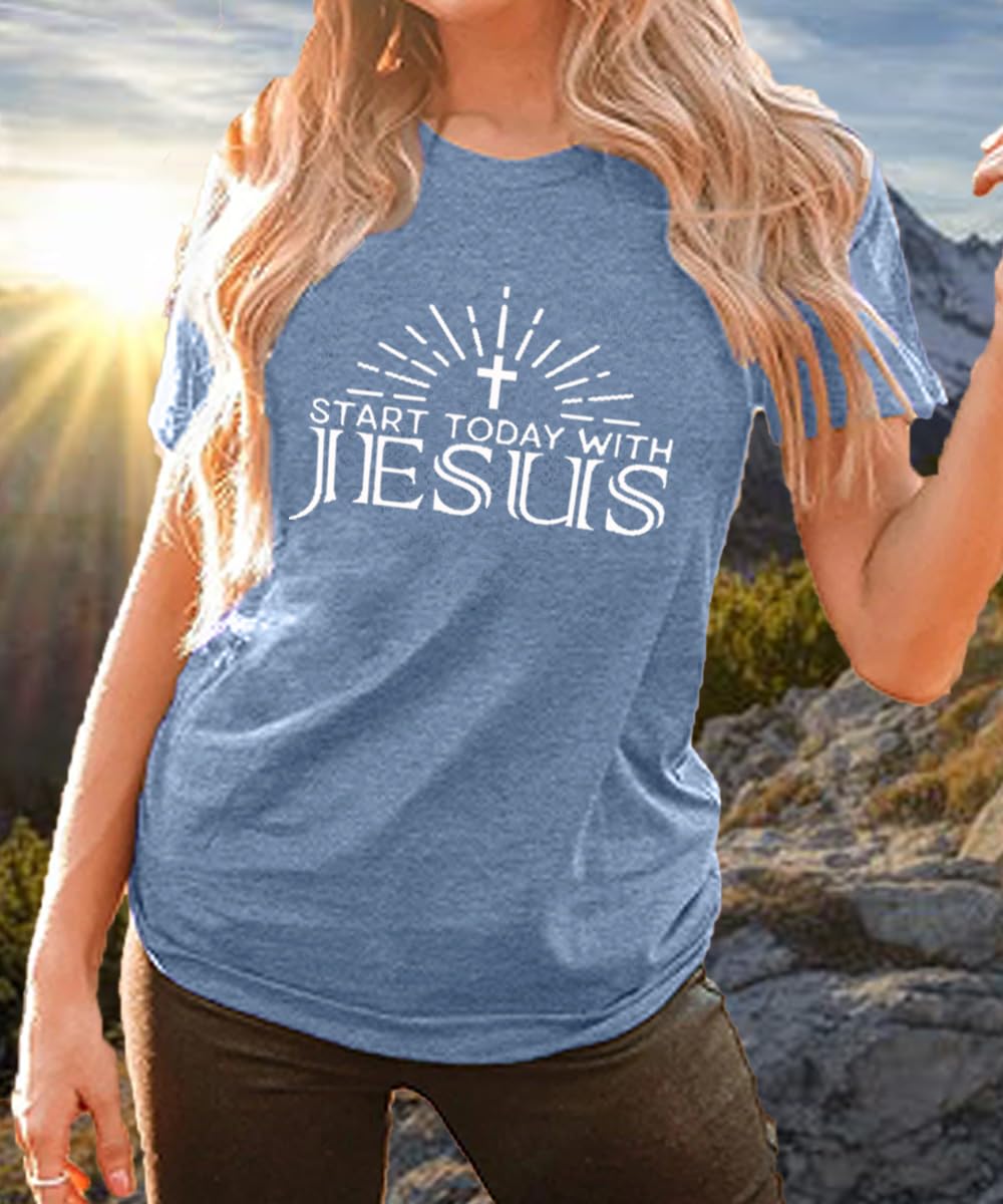 Start Today with Jesus T-Shirt for Women Christian Graphic Top,Ink Blue,XXL
