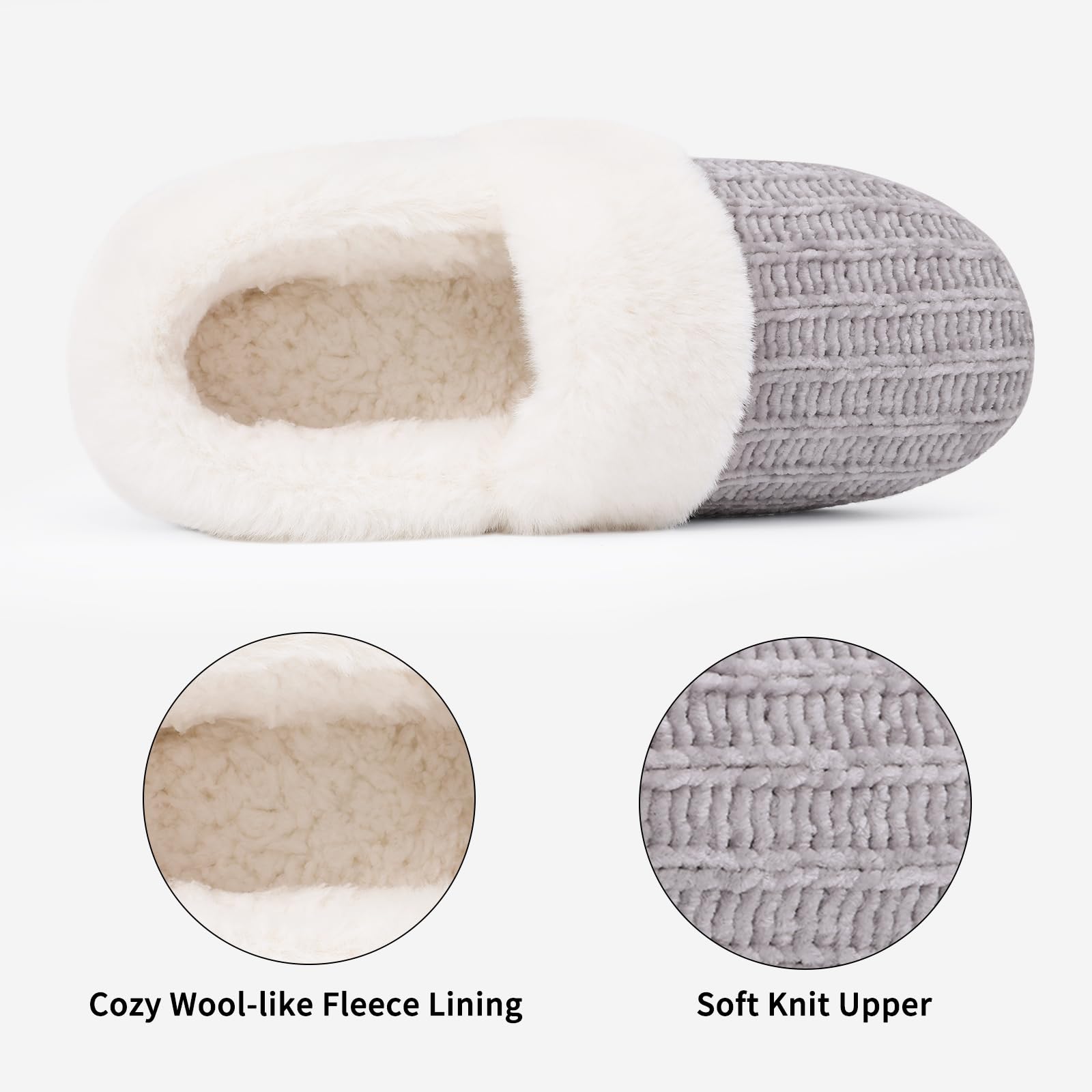 Evshine Women's Fuzzy Memory Foam Slippers, Closed Back Knit Bedroom Slippers, Slip-On Warm House Shoes for Indoor & Outdoor Comfort, Grey, 38-39 (Size 7-8)